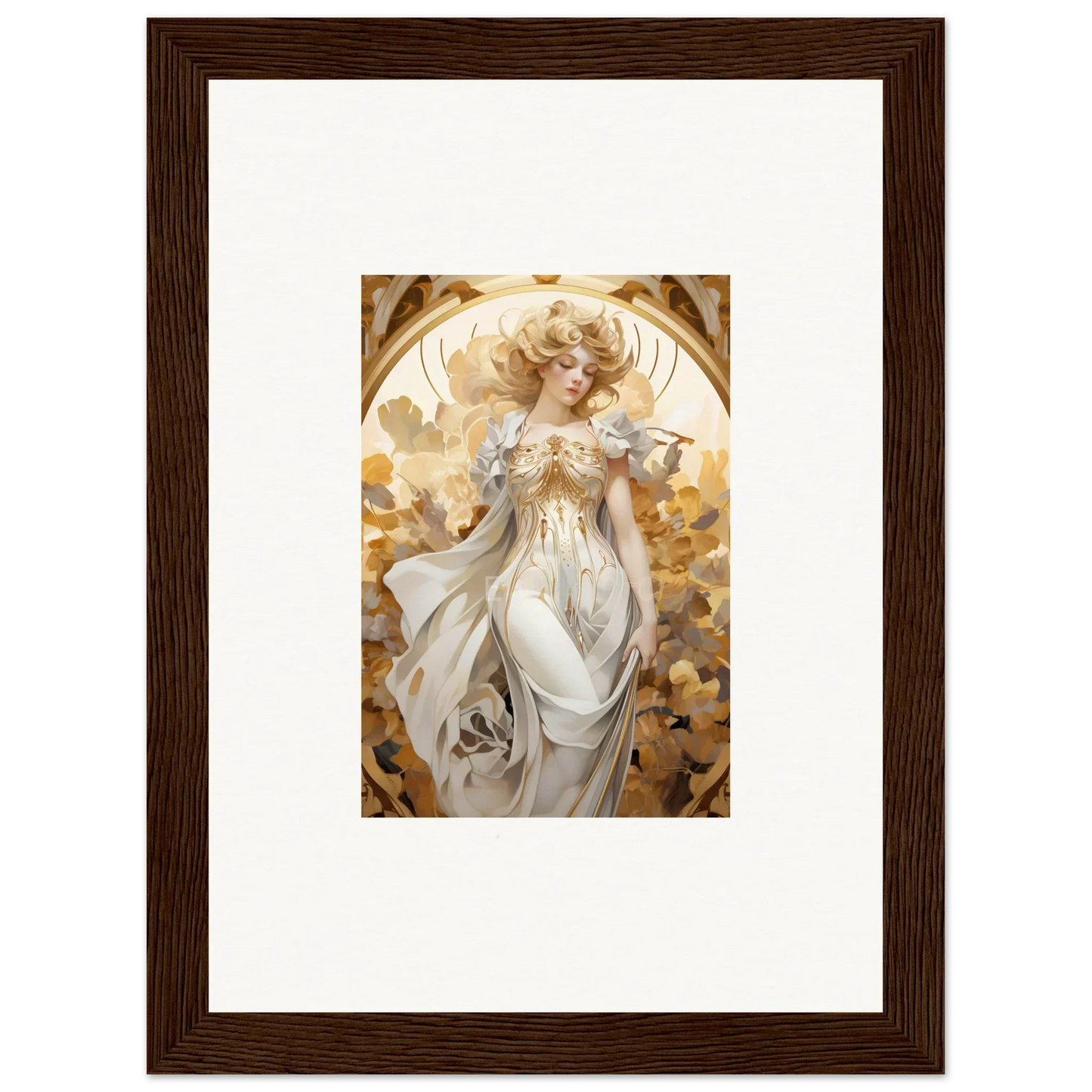 Framed wall art of an ethereal woman wearing daydream in golden hues for room decor