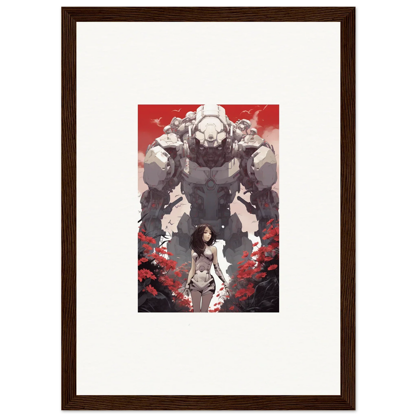 Framed wall art of a woman and robot on red, perfect for Rouge Blooming room decor