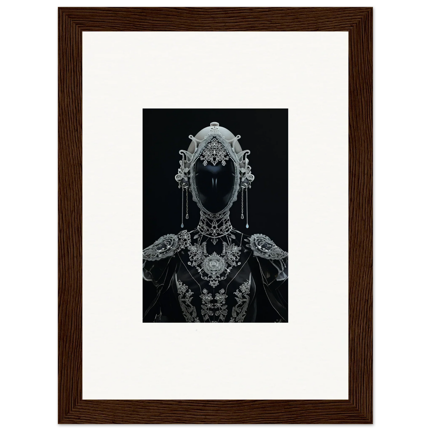 Ornate silver headdress on a shadowy figure, perfect for a Nebulae Princess canvas print