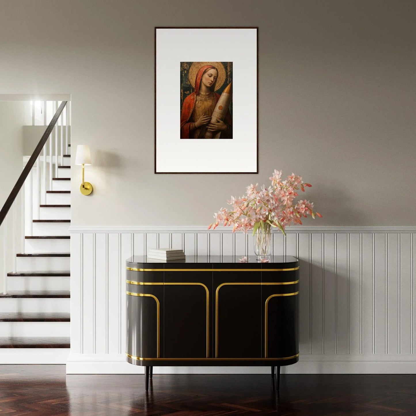 Framed religious painting of haloed figure with cross, perfect for celestial cargo room decoration