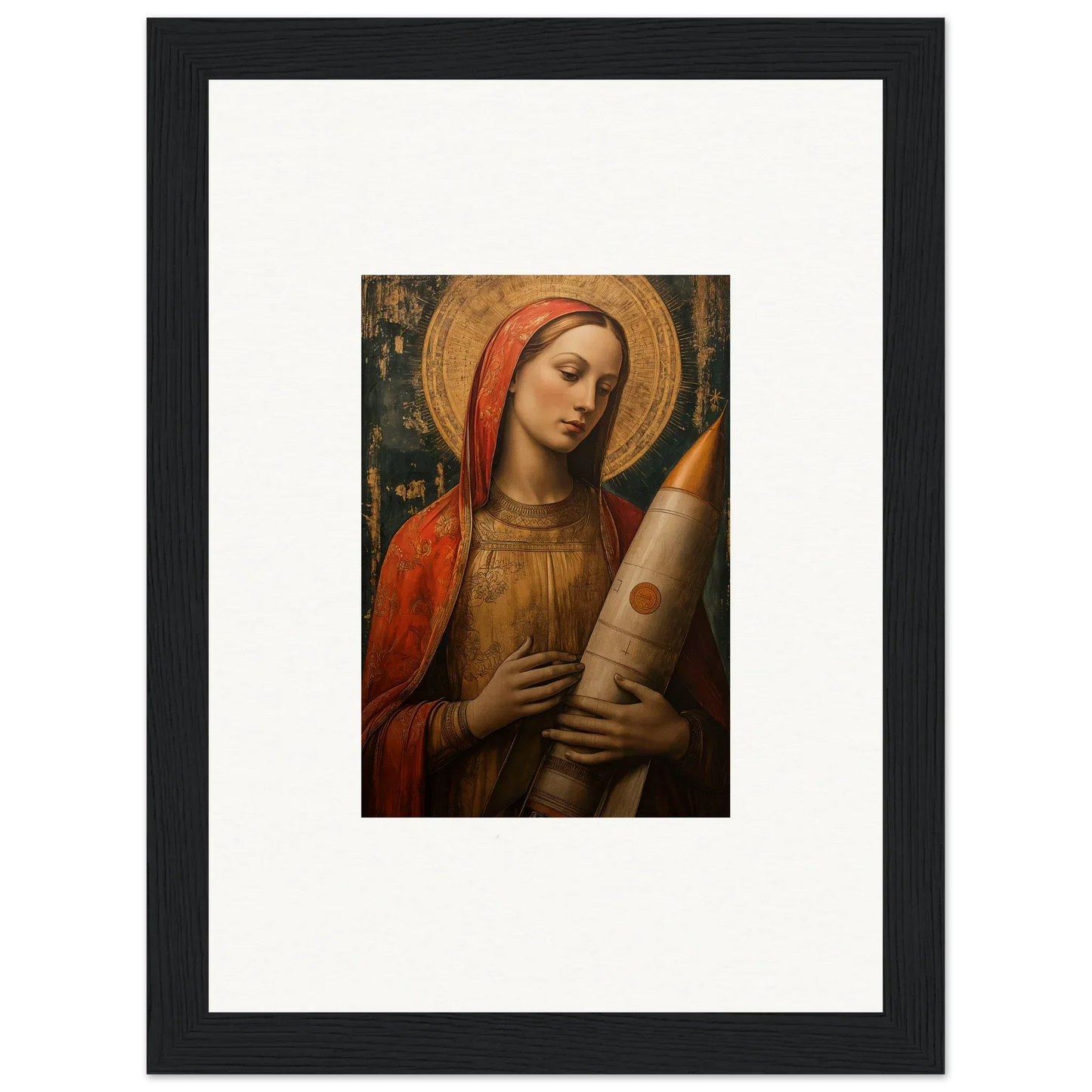Framed canvas print of a woman in red and gold for celestial cargo room decoration