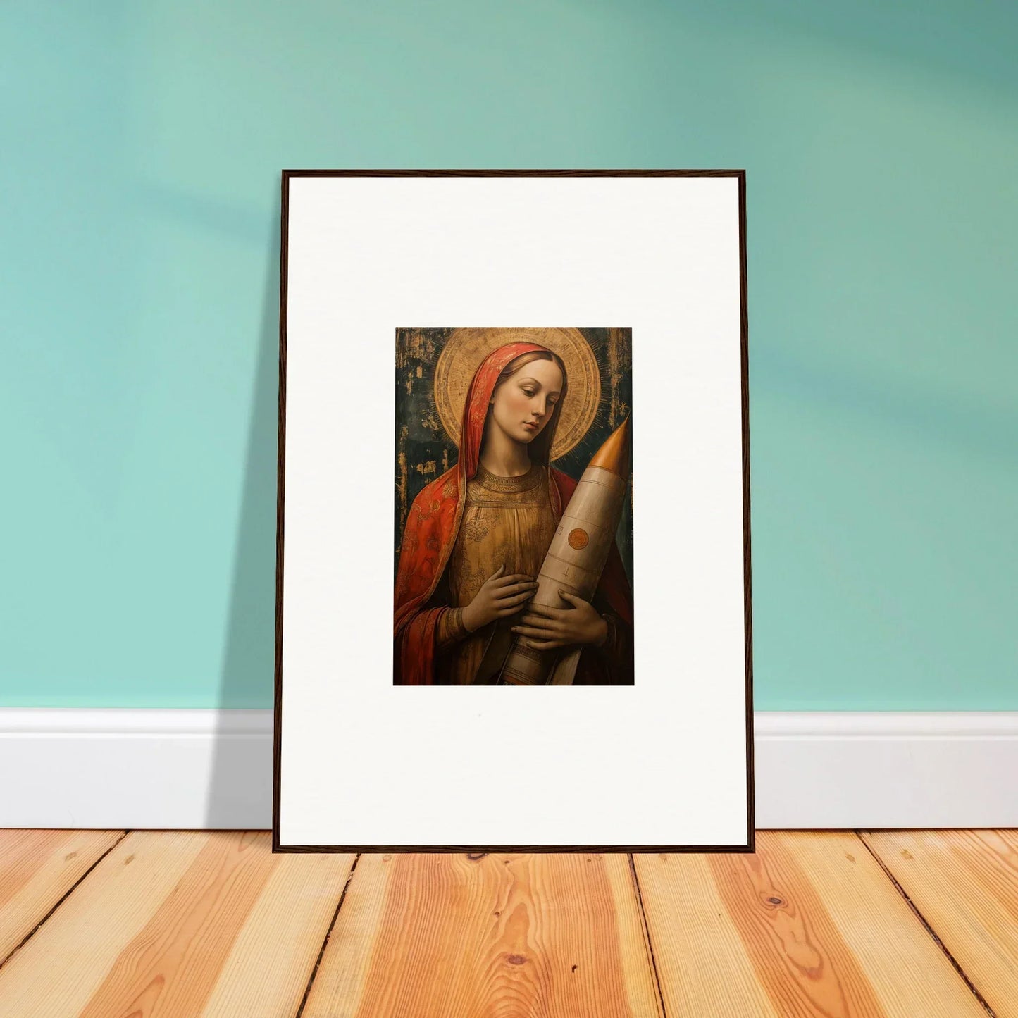 Framed canvas print of a religious figure in red robes for celestial cargo room decoration