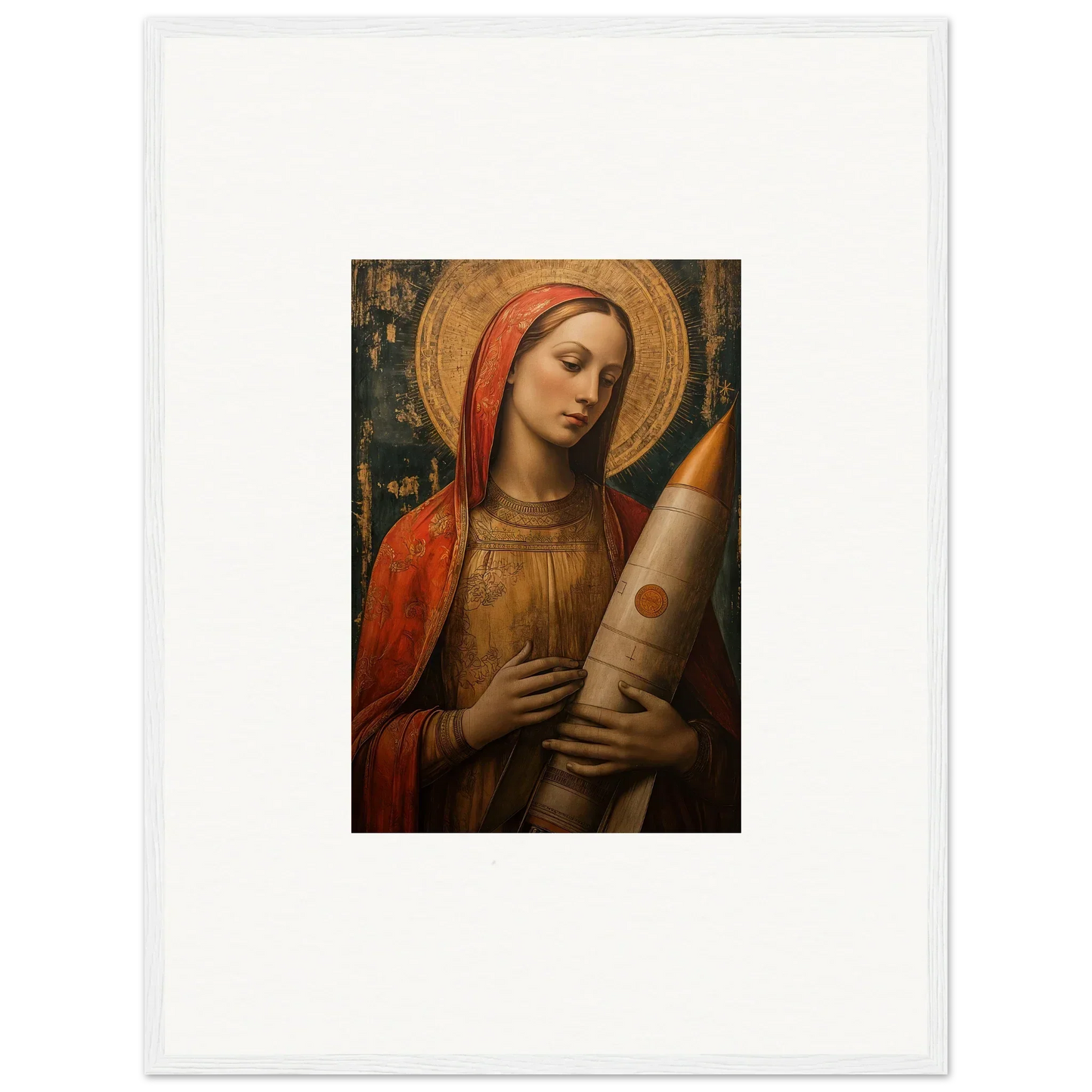 Religious canvas print of a woman in red and gold robes with a candle for celestial cargo room decoration