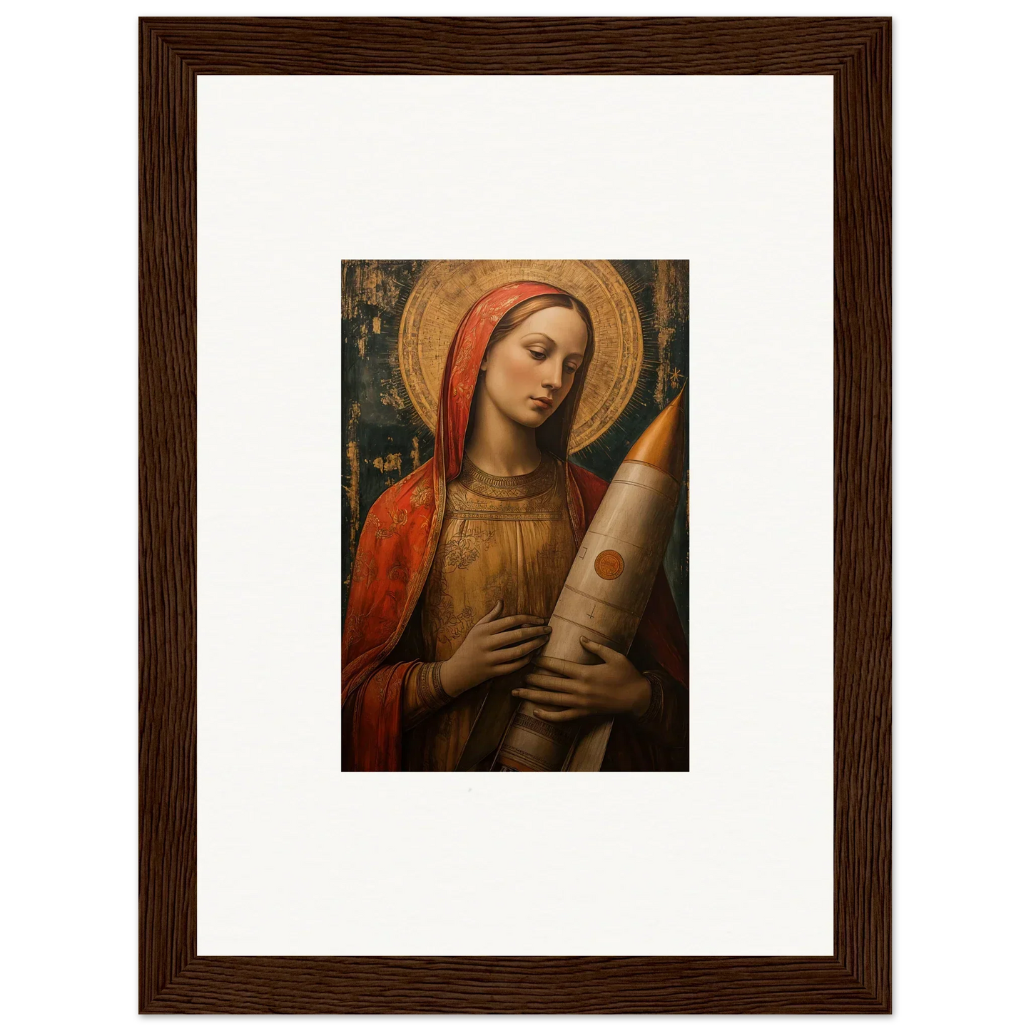 Framed canvas print of a woman in red and gold for celestial cargo room decoration