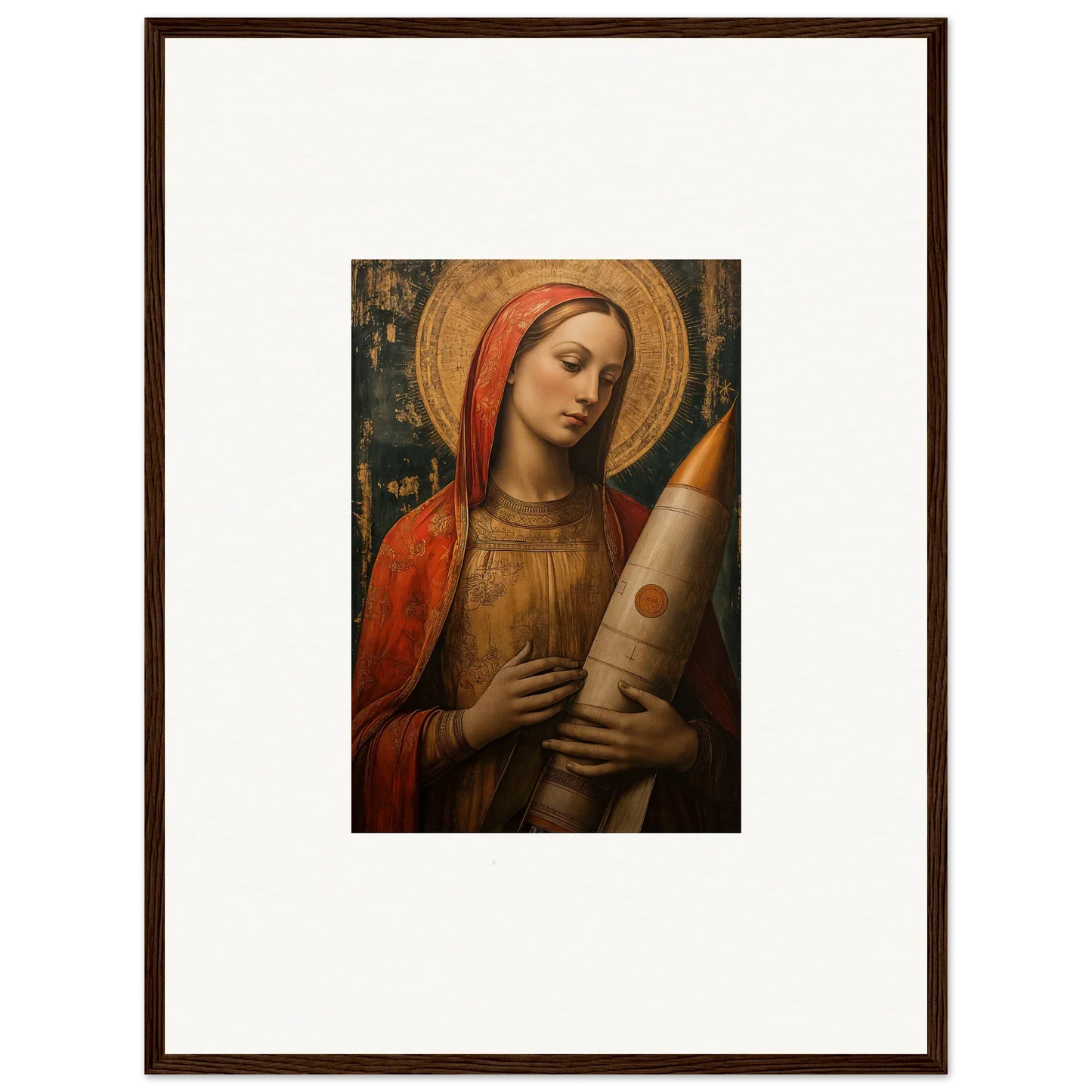 Religious canvas print of a woman in red and gold robes holding a candle for room decoration