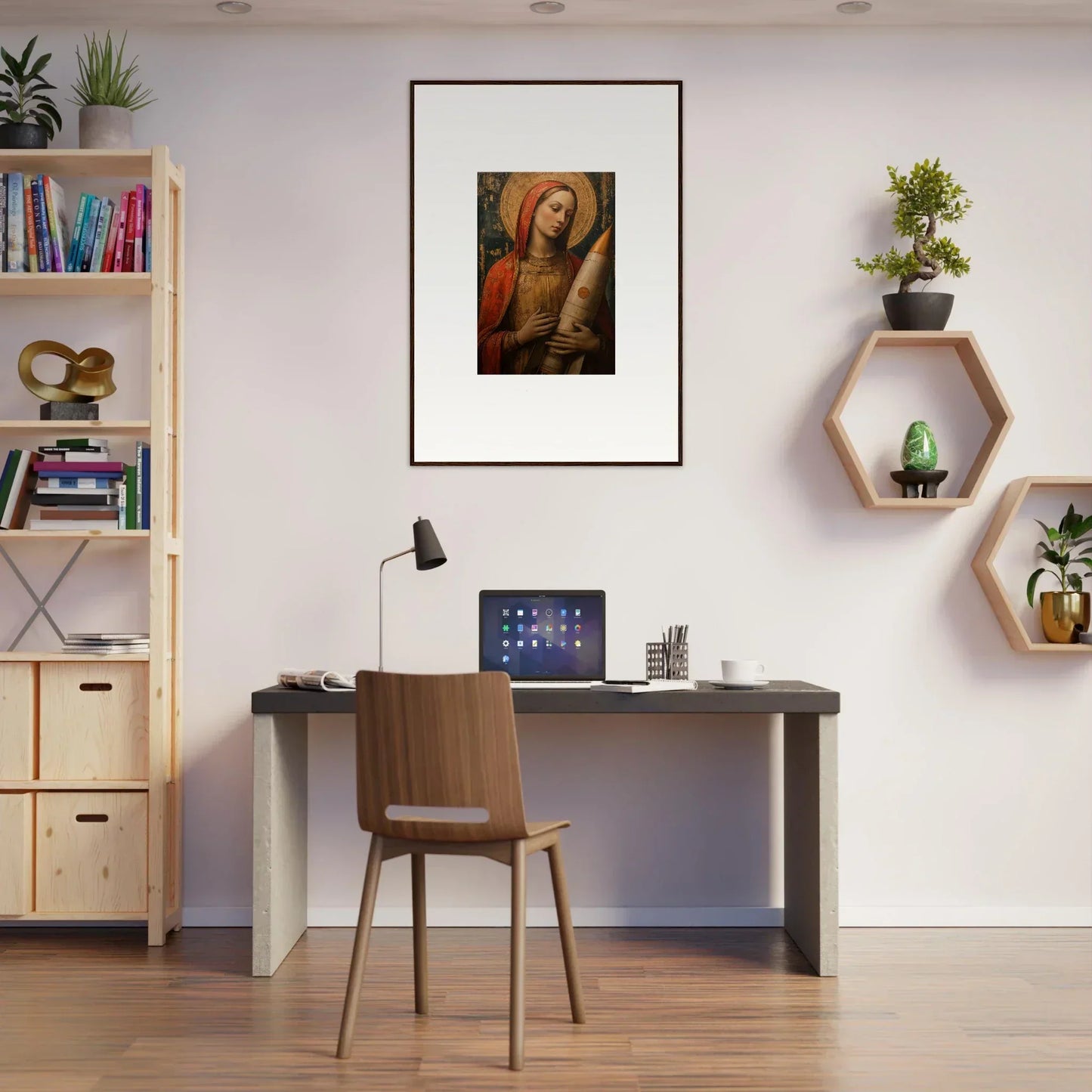 Stylish home office workspace featuring celestial cargo canvas print and chic decor