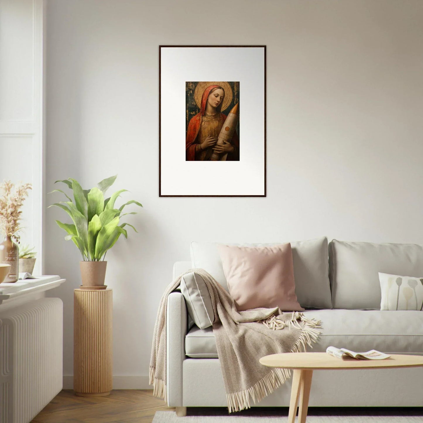 Framed religious painting with a figure in red and gold for celestial cargo room decoration