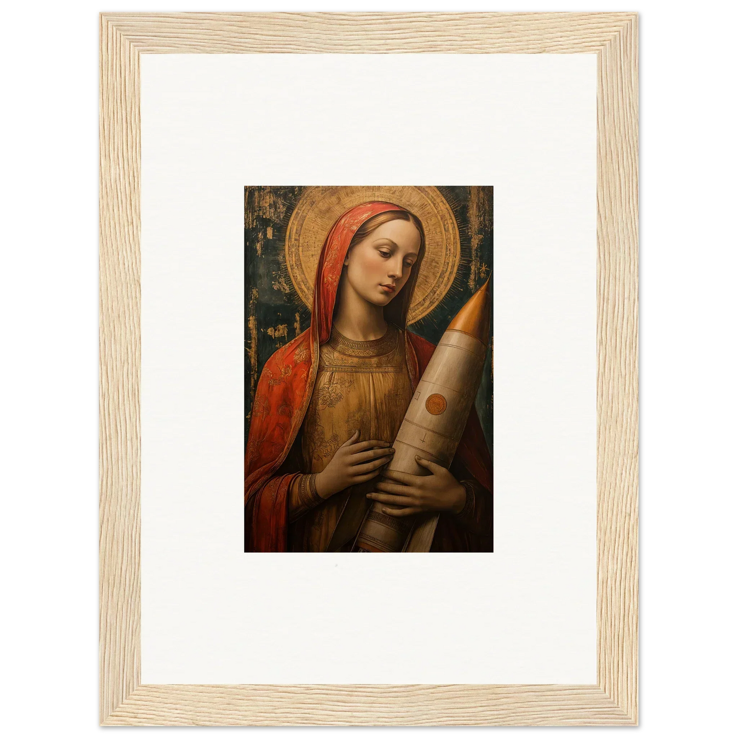 Framed canvas print of a woman in red and gold for unique celestial cargo room decoration