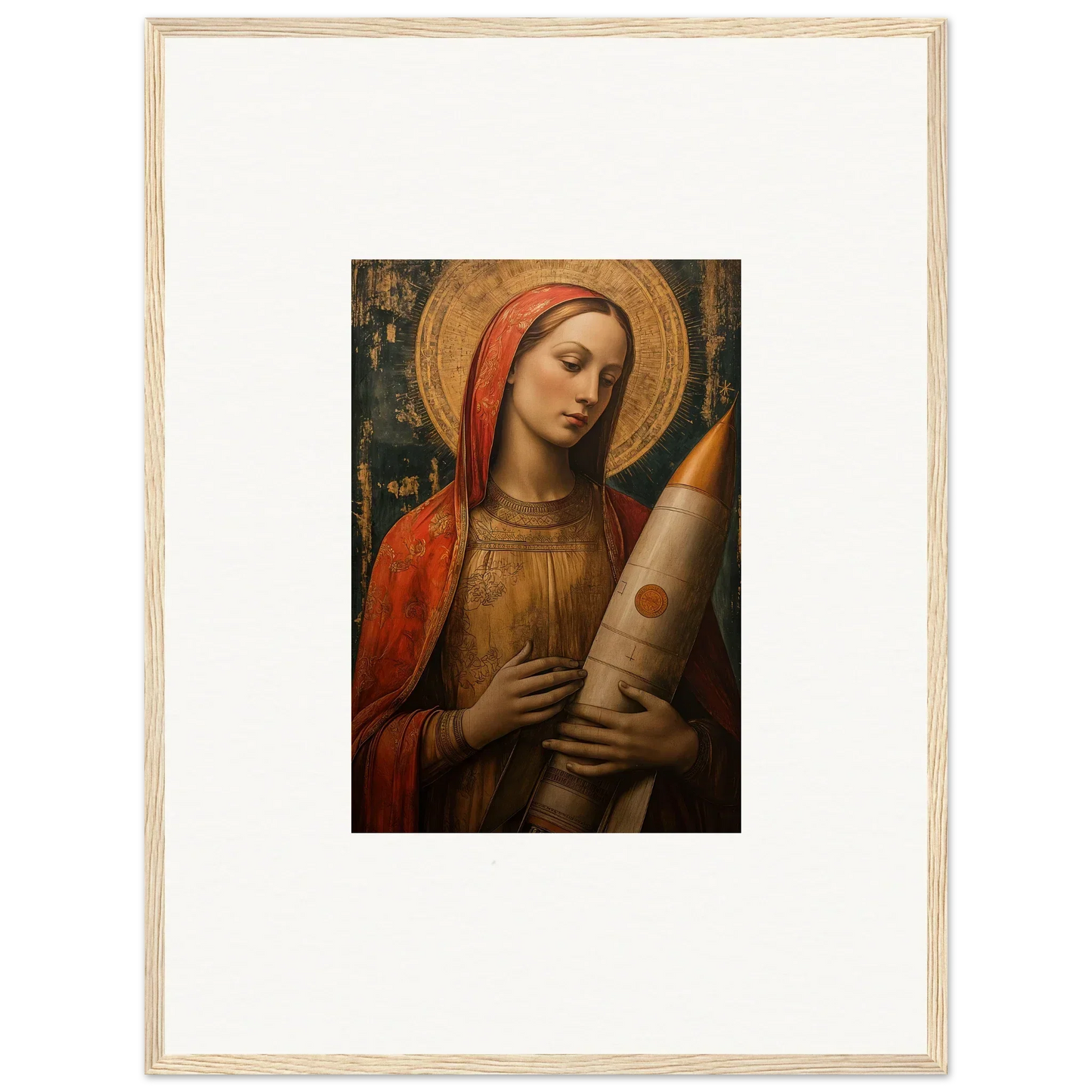 Religious painting of a woman in red robes, perfect for celestial cargo room decoration