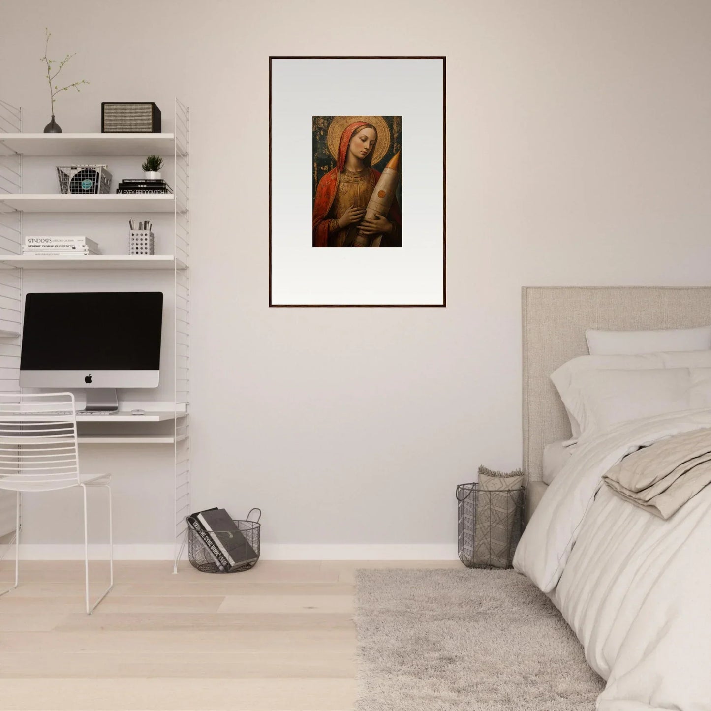 Framed painting of a figure in red robes for celestial cargo room decoration