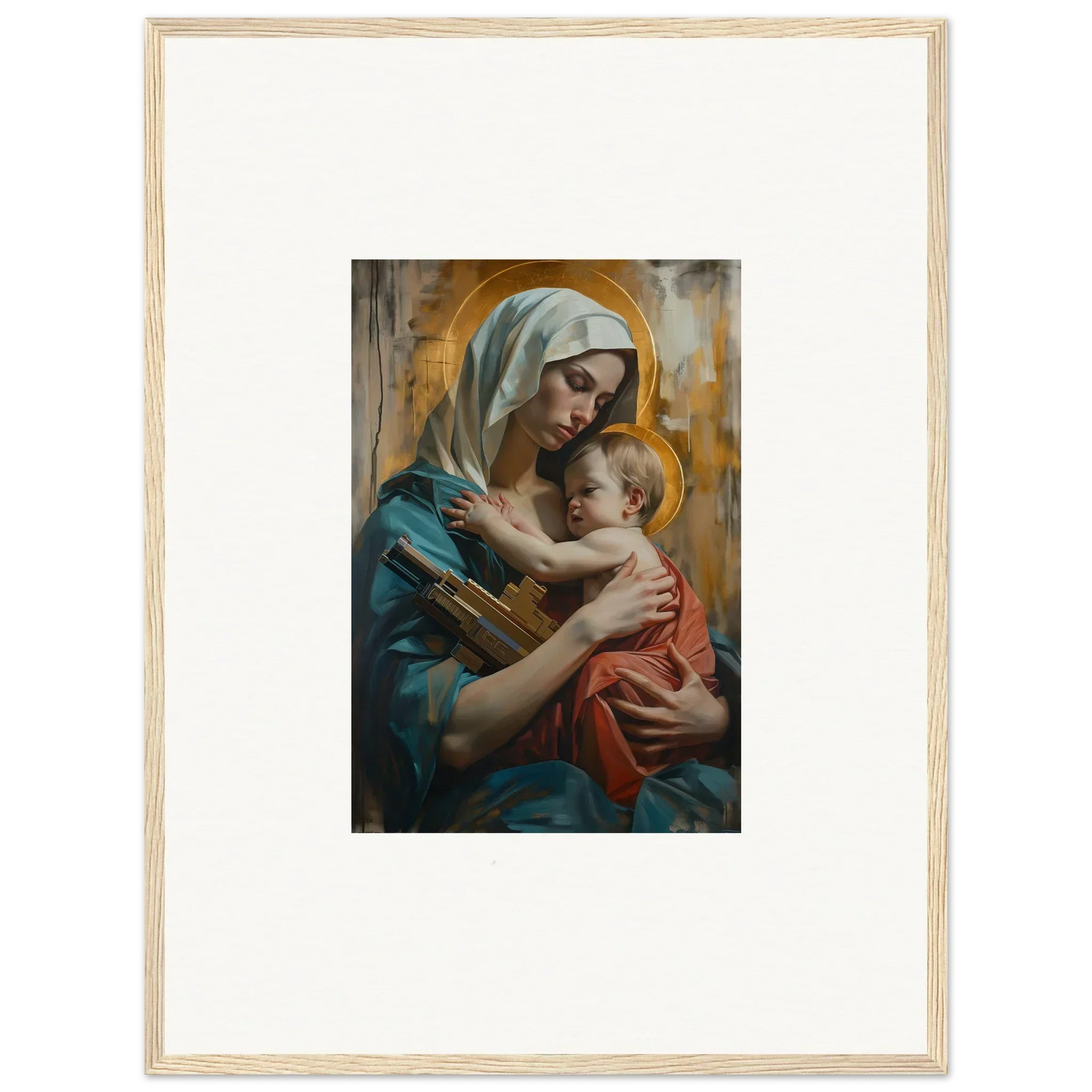 Framed canvas print of Metropolis Embrace showing a woman with a baby for room decoration