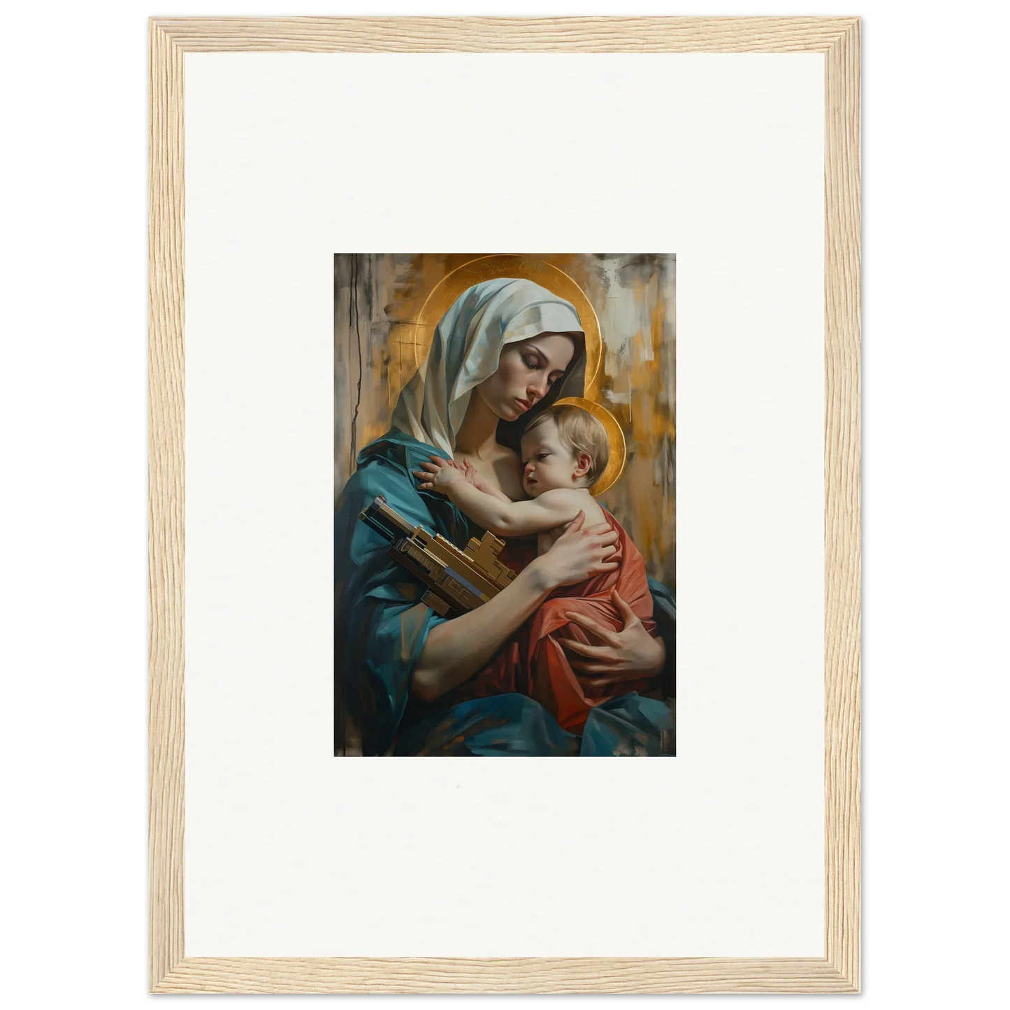 Framed canvas print of a woman in blue holding a baby, perfect for Metropolis Embrace room decoration