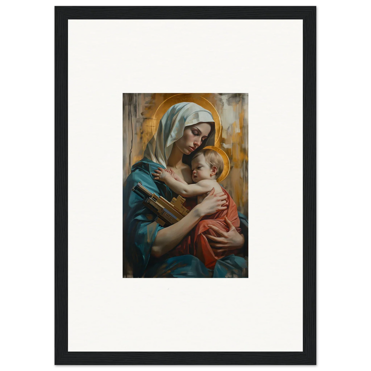 Framed canvas print of Metropolis Embrace showing a woman in blue holding a baby