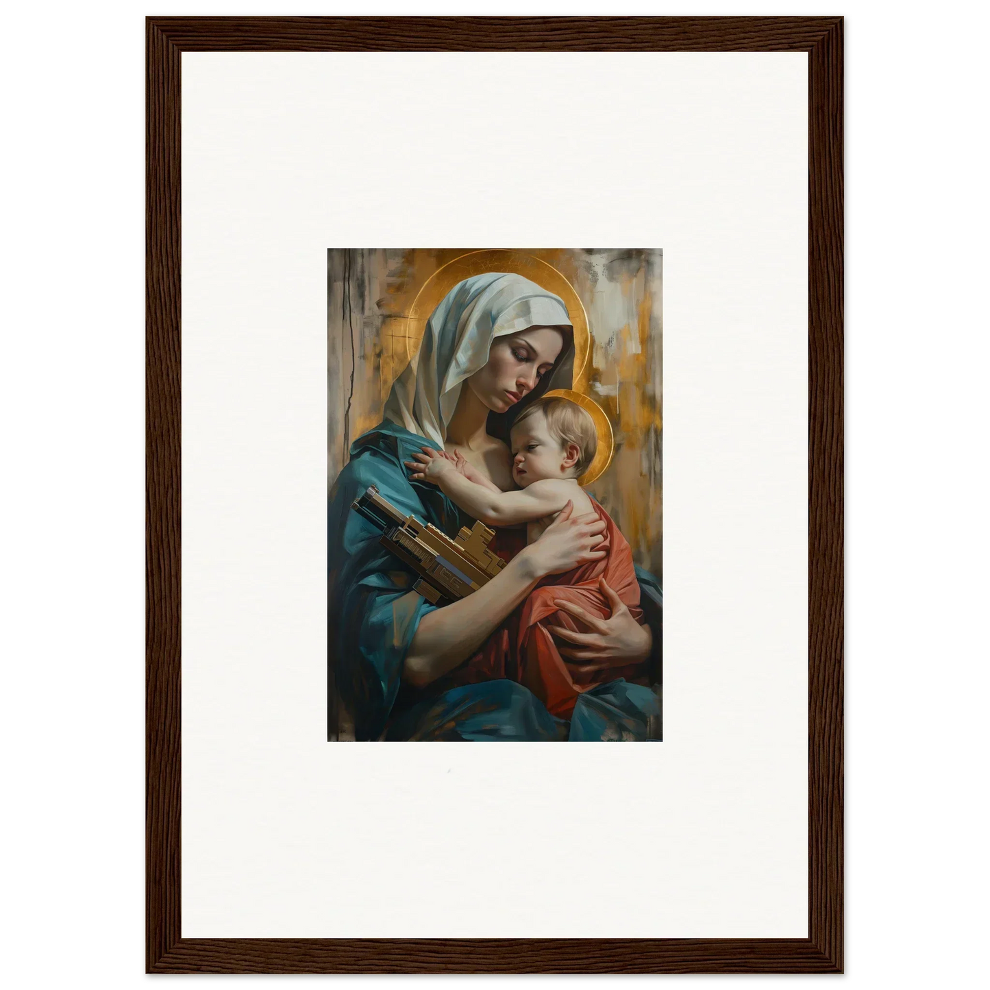 Framed canvas print of a woman in blue with a baby for Metropolis Embrace room decoration