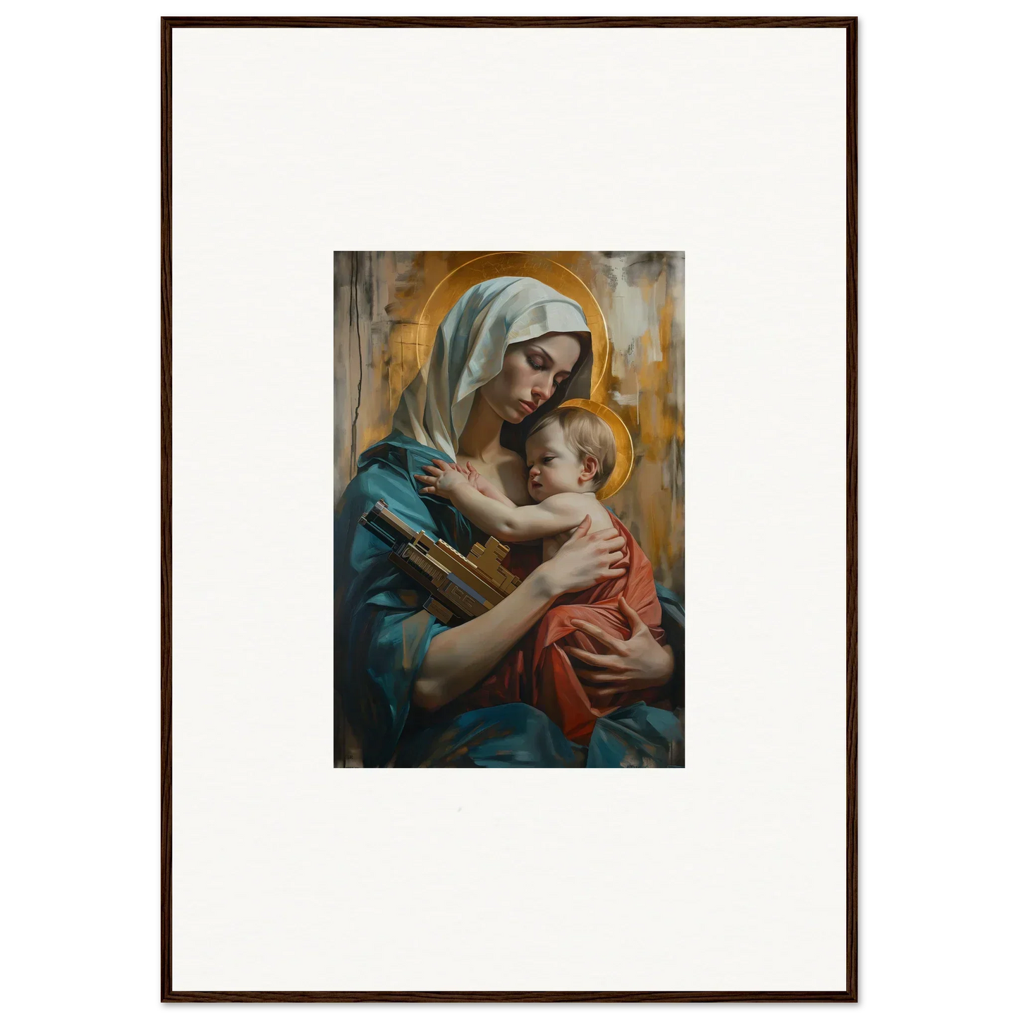 Framed canvas print of Metropolis Embrace featuring a woman in blue with a baby