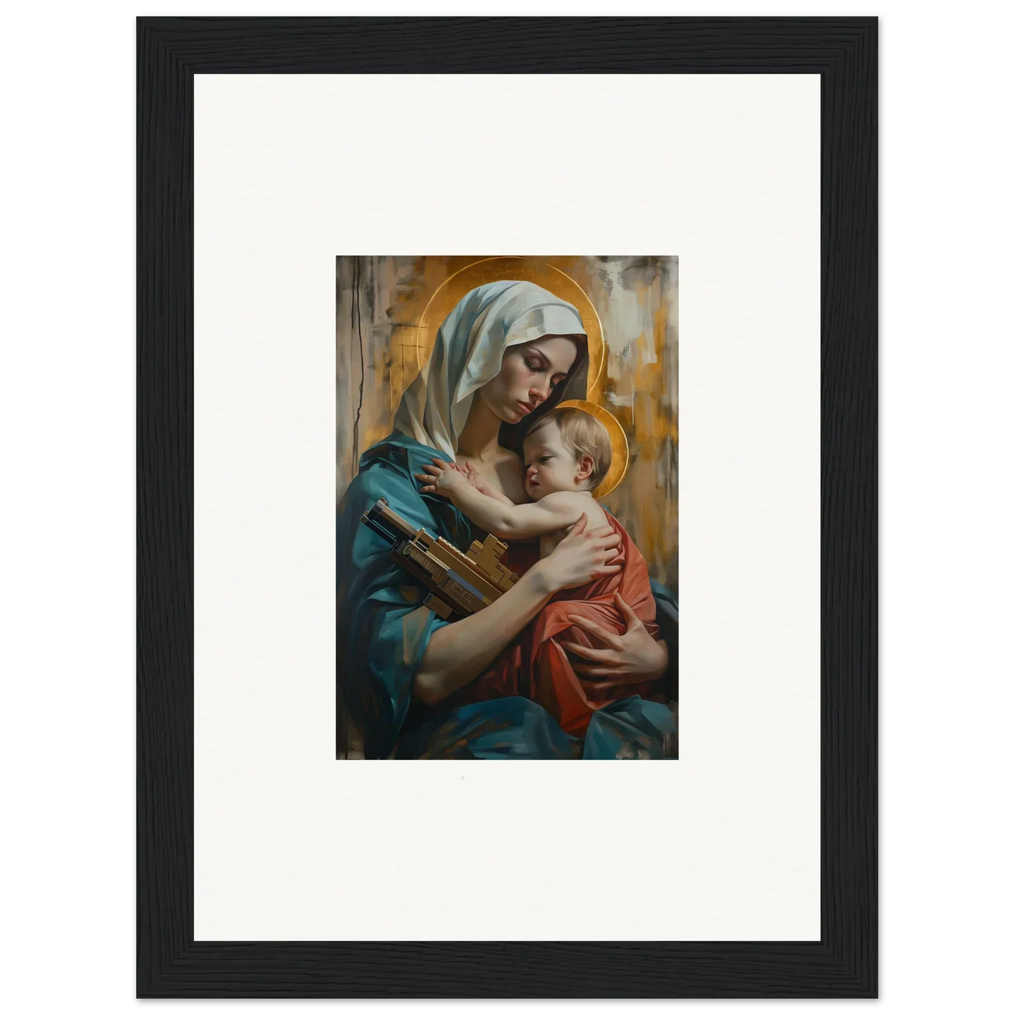 Framed canvas print of a woman in blue robes with a baby for Metropolis Embrace decor