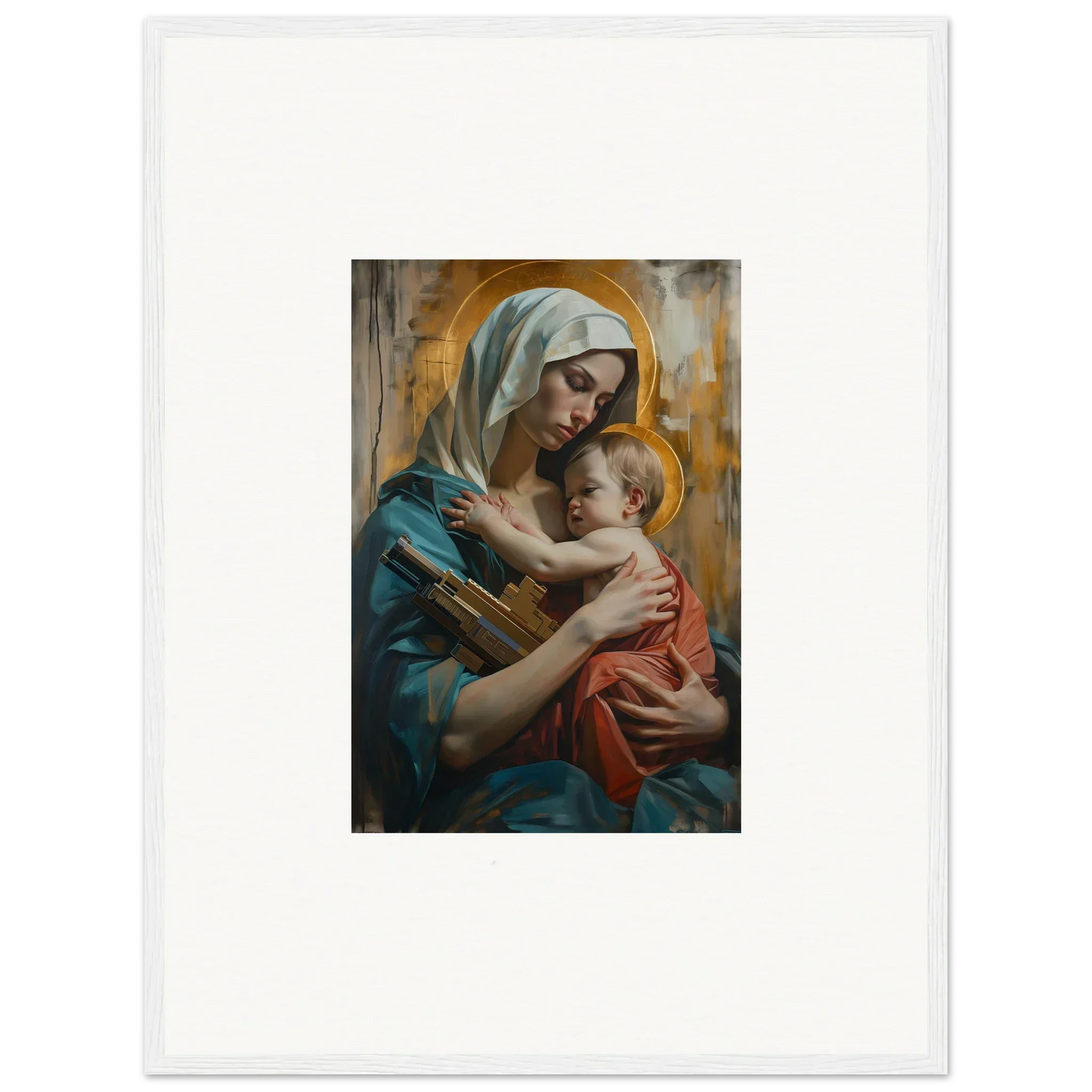 Painting of a woman in blue robes holding a baby, perfect for Metropolis Embrace room decoration