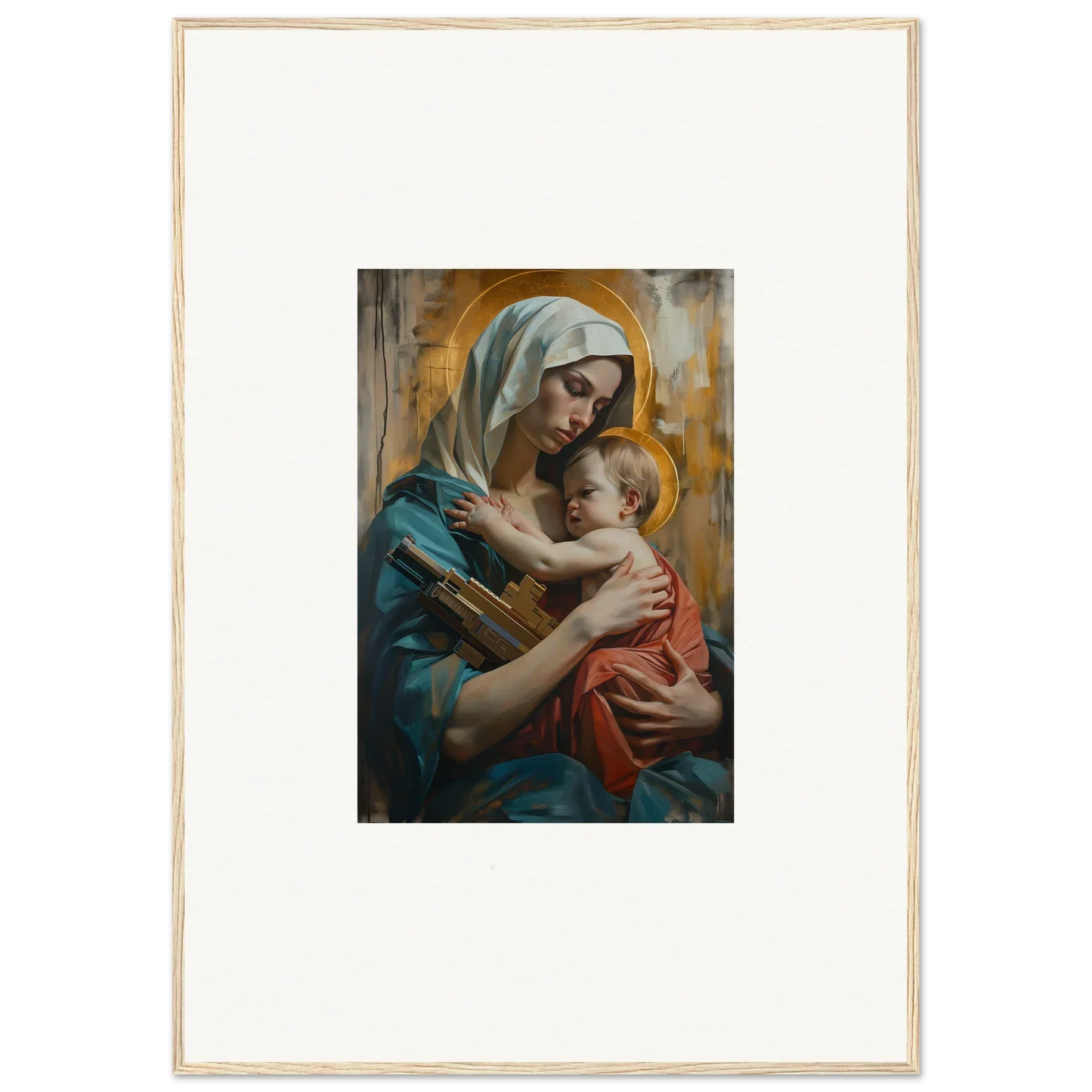 Painting of a woman in blue robe holding baby with halos, perfect for Metropolis Embrace room decoration