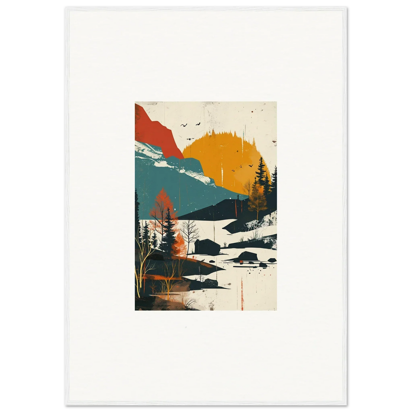 Stylized landscape illustration of mountains and trees at sunset for Handshake Trembling Skylines canvas print