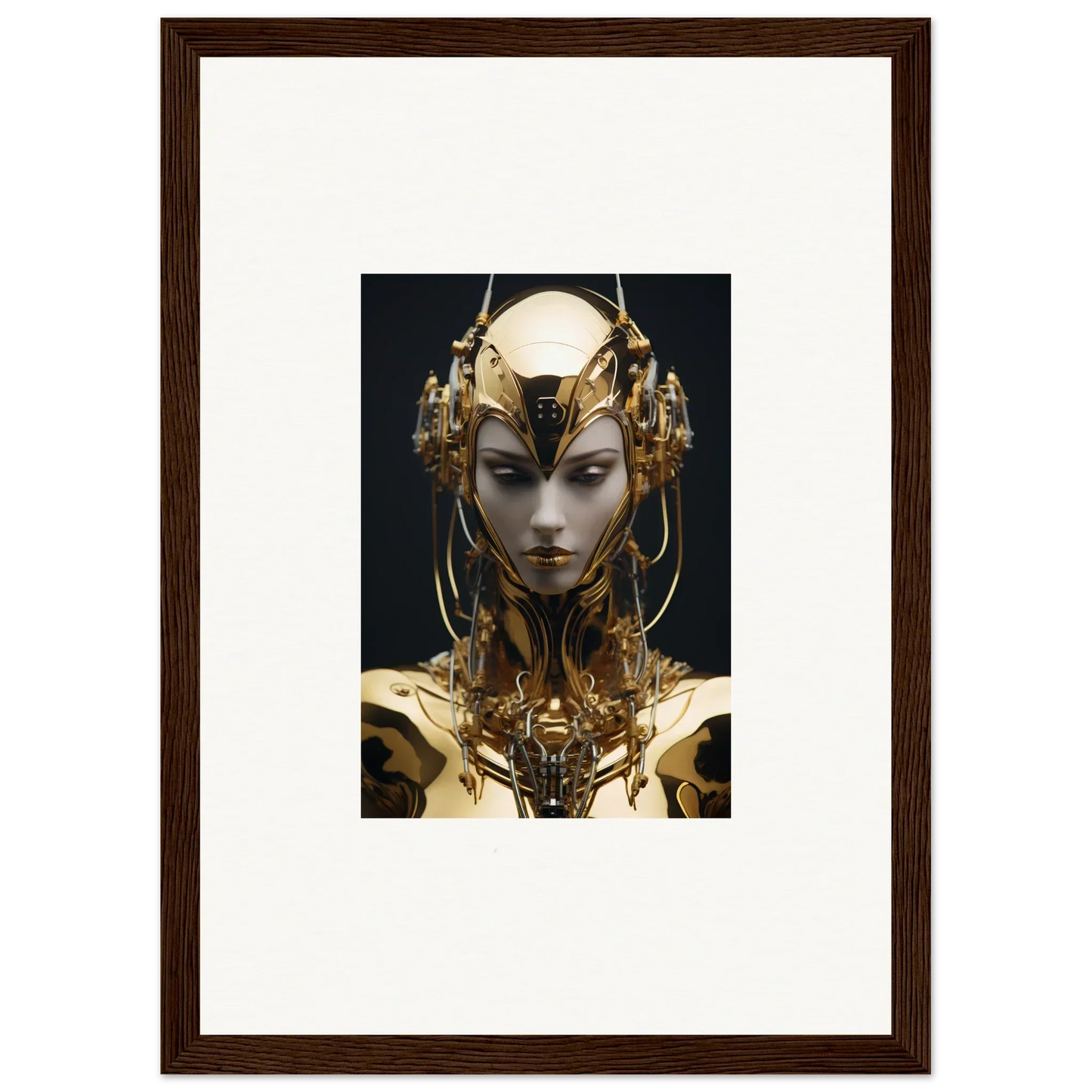 Futuristic golden robotic head ideal for room decoration, a must-have Chirping Inventrix canvas print