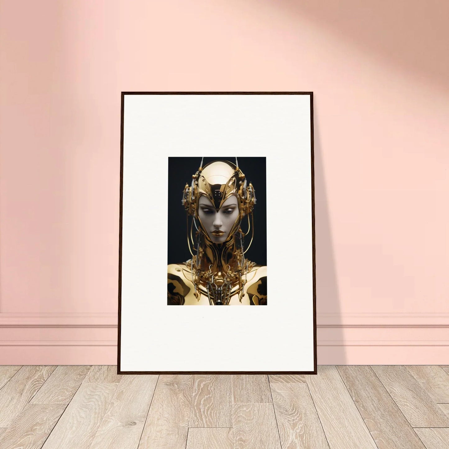 Framed canvas print of a Chirping Inventrix in a stunning golden headdress