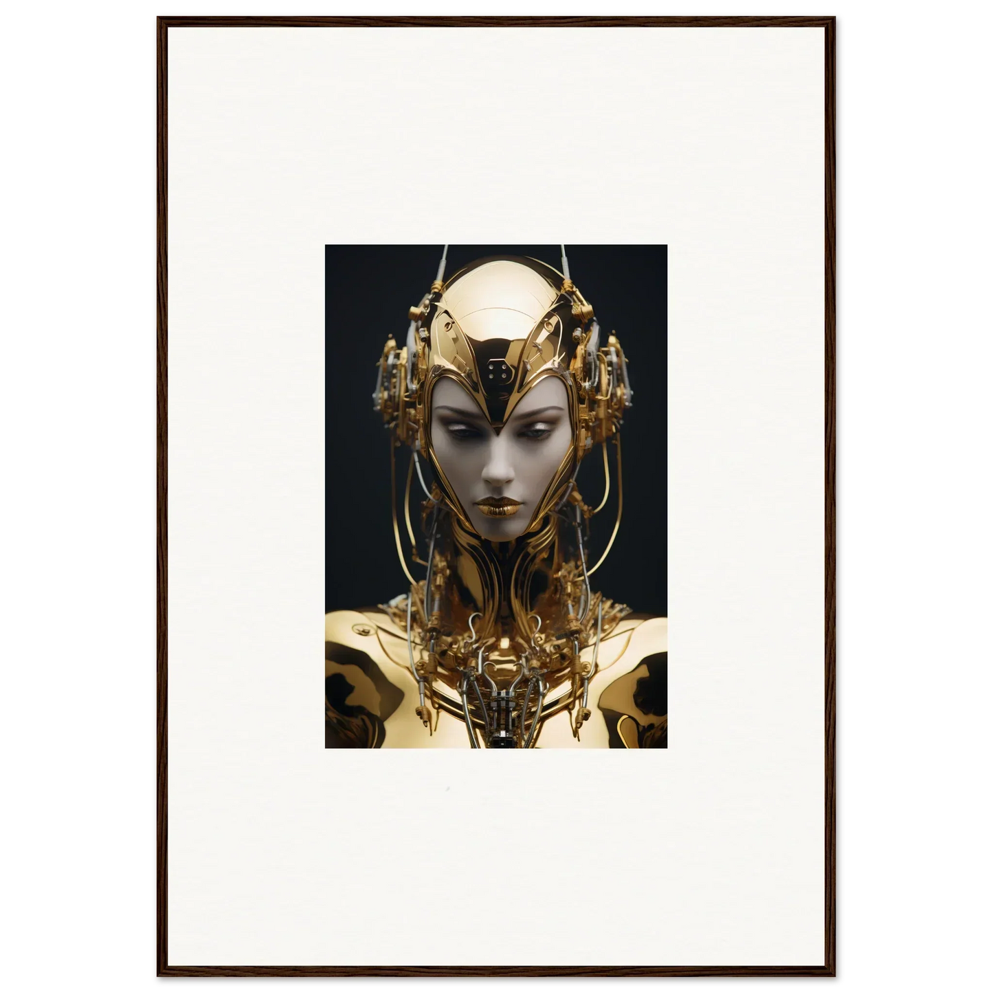 Futuristic golden robotic humanoid with ornate headdress for your Chirping Inventrix decor