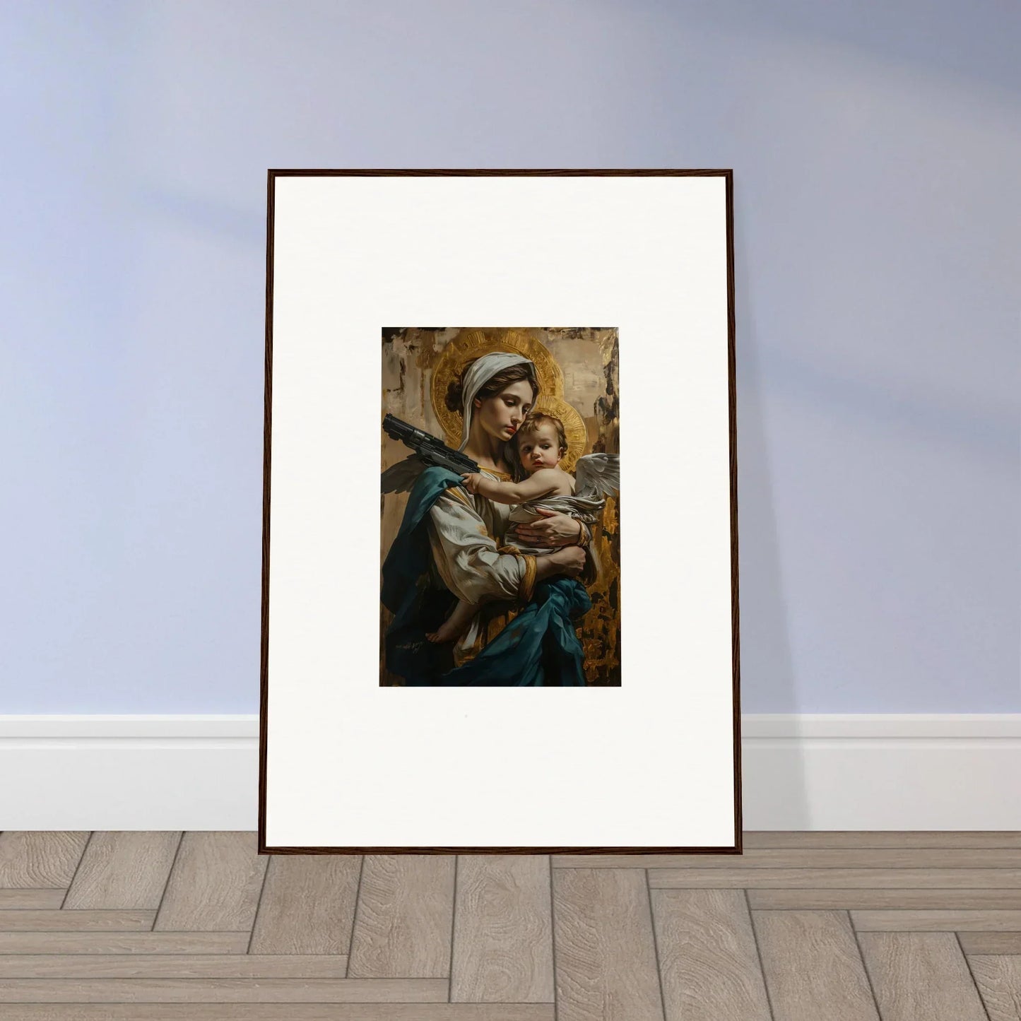 Framed canvas print of a woman with child, perfect for room decoration and halo paradox vibes