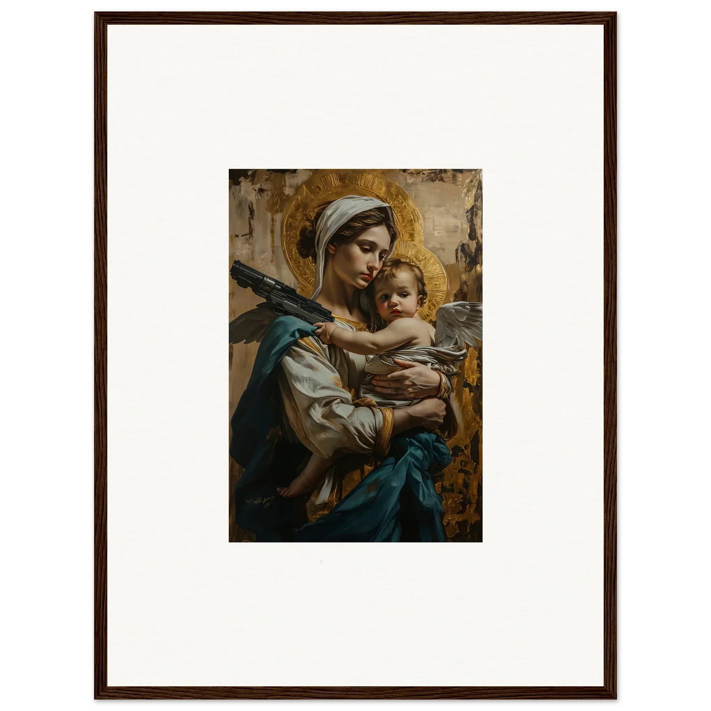 Framed canvas print of Madonna and Child, perfect for room decoration with Halo Paradox vibe