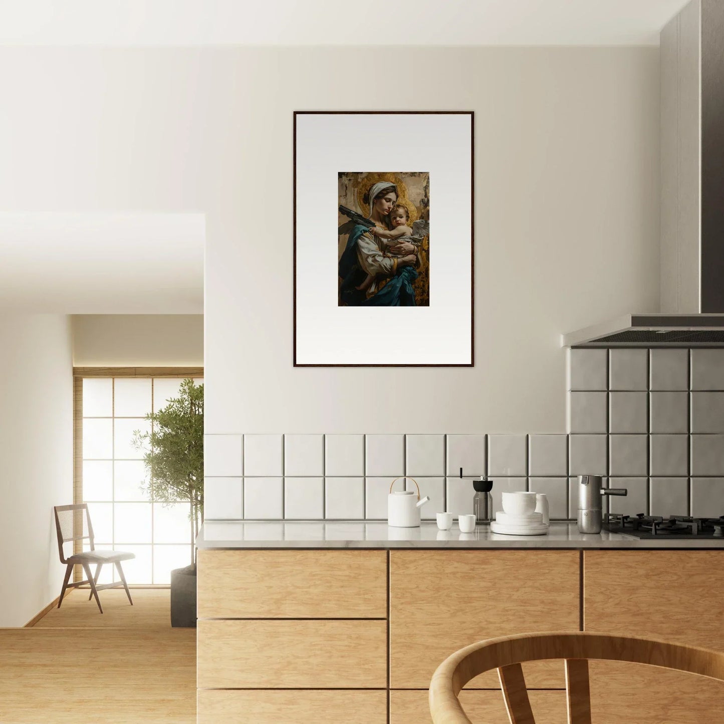 Framed canvas print of a religious figure with a child, perfect for room decoration