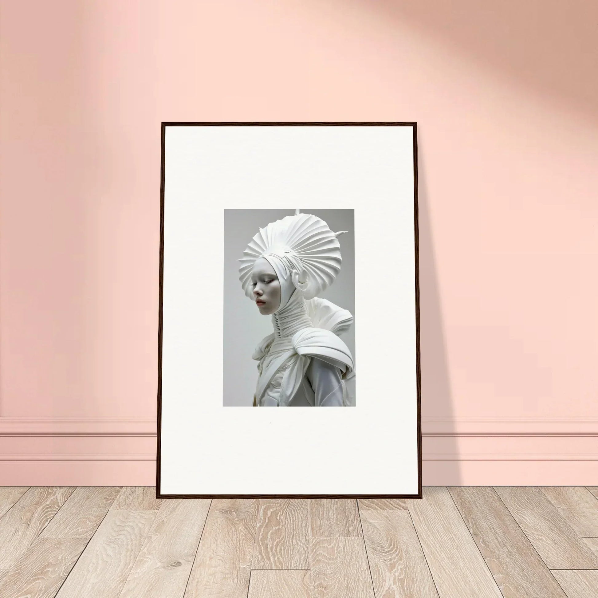 Framed wall art featuring a person in an elaborate white headdress and ivory halos