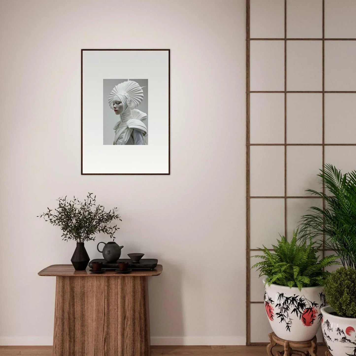 Framed black and white photograph of a sculptural bust for elegant room decor with ivory halos