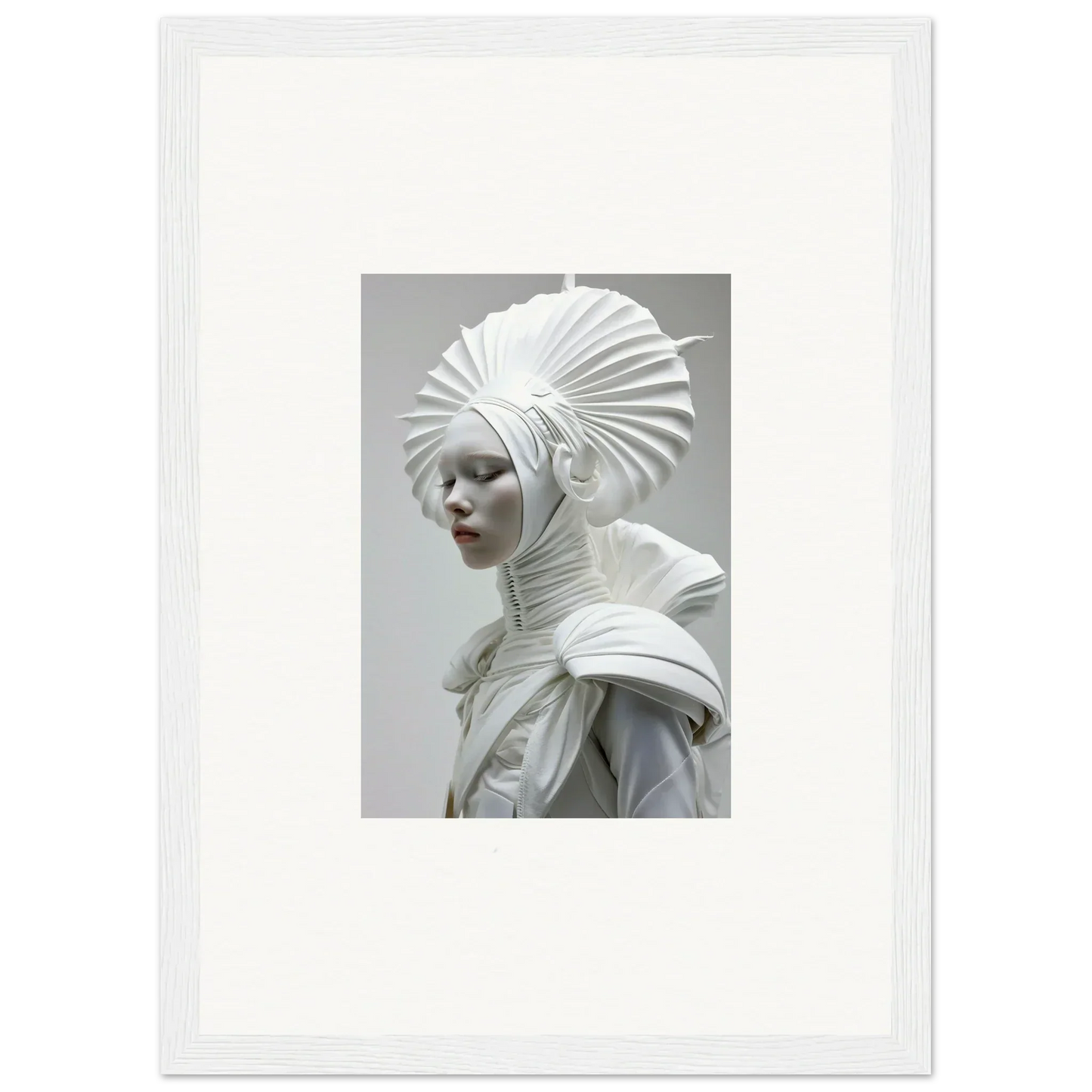 Sculptural portrait with ivory halos and elaborate white headdress for room decor