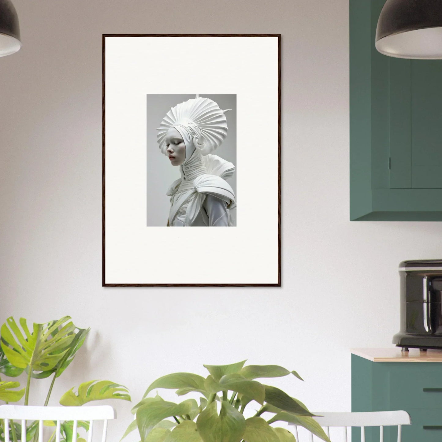 Framed wall art featuring a figure in an intricate ivory halos headdress and collar
