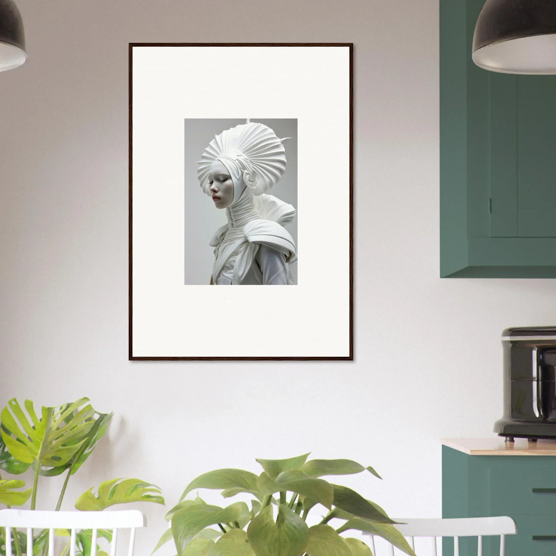 Framed wall art featuring a figure in an intricate ivory halos headdress and collar