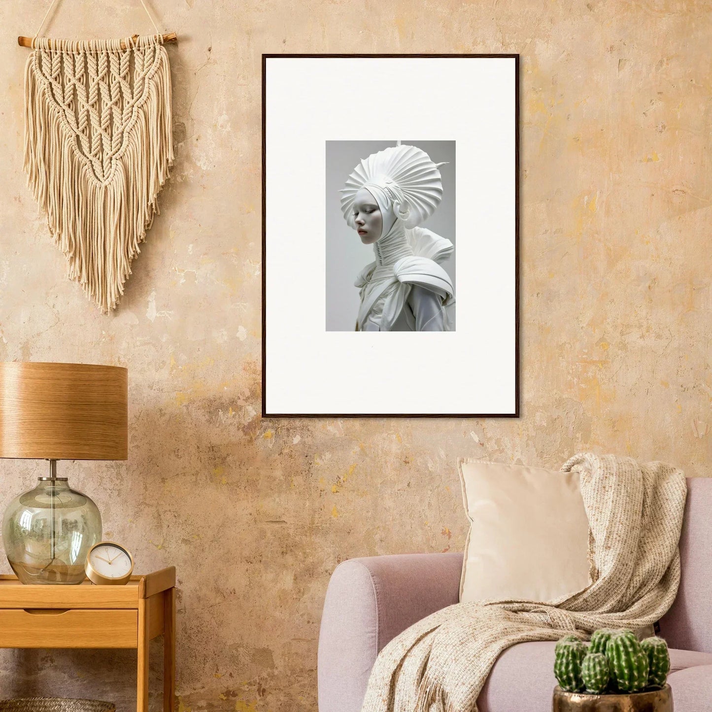 Framed black and white photograph of a figure in ivory halos headdress, stylish room decor