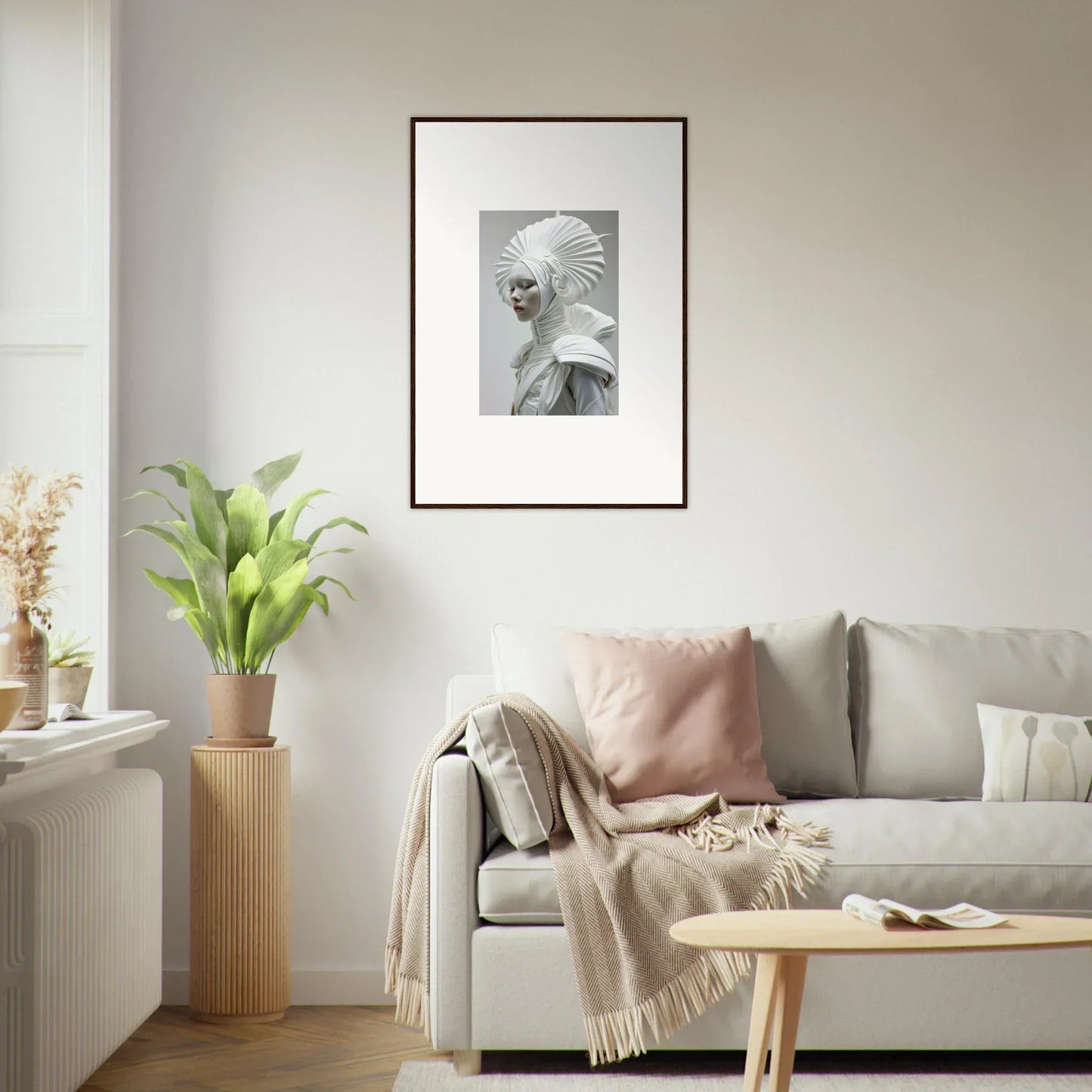 Framed black and white photograph of a classical sculpture bust for elegant room decor