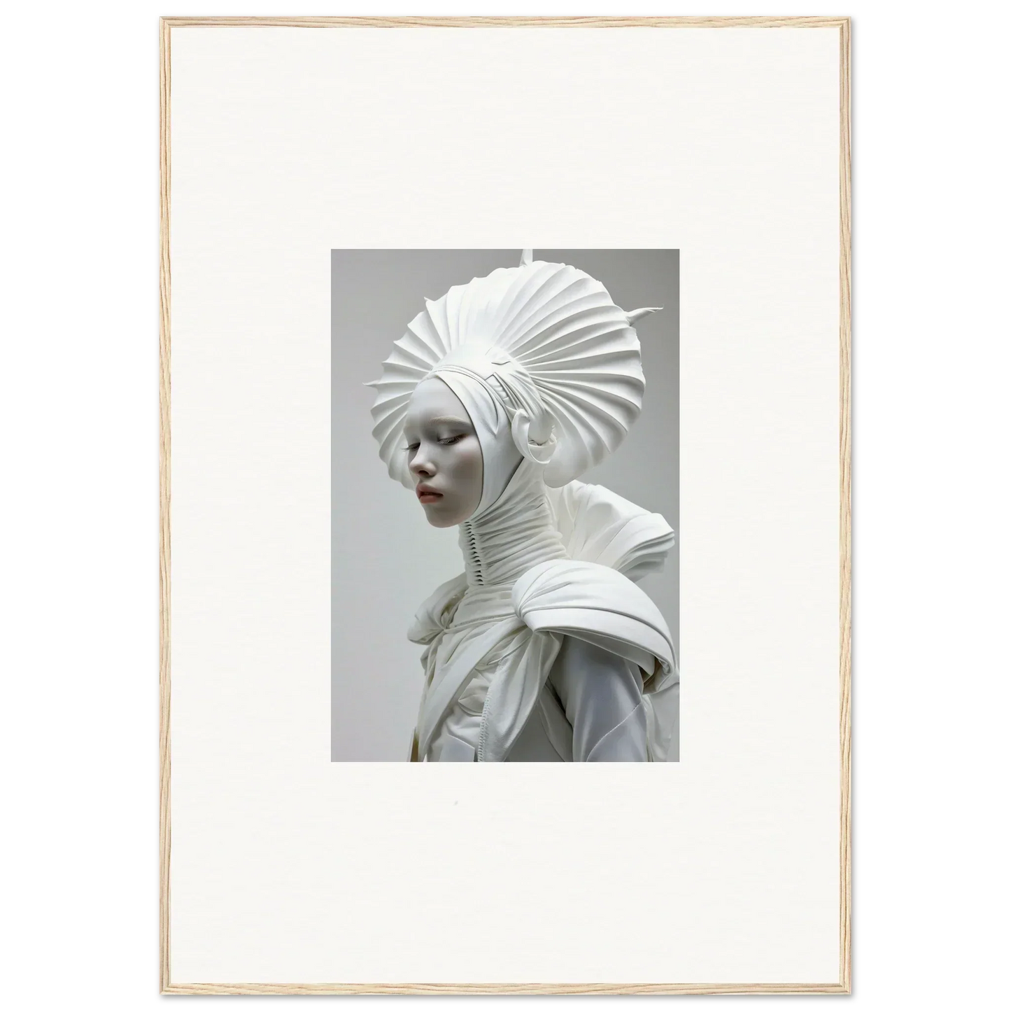 Sculpture figure with ivory halos and draped clothing suitable for framed wall art