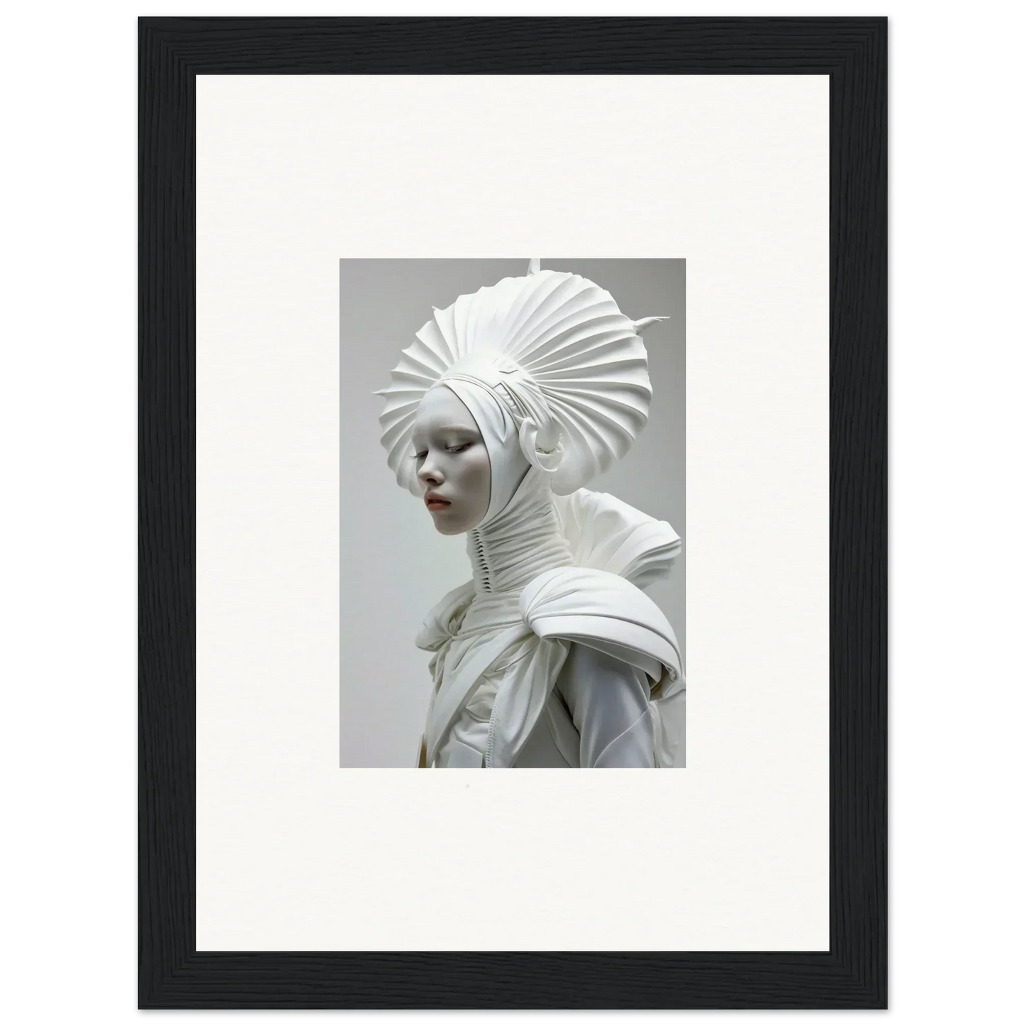 Sculptural portrait with ivory halos and elaborate white headdress for room decor