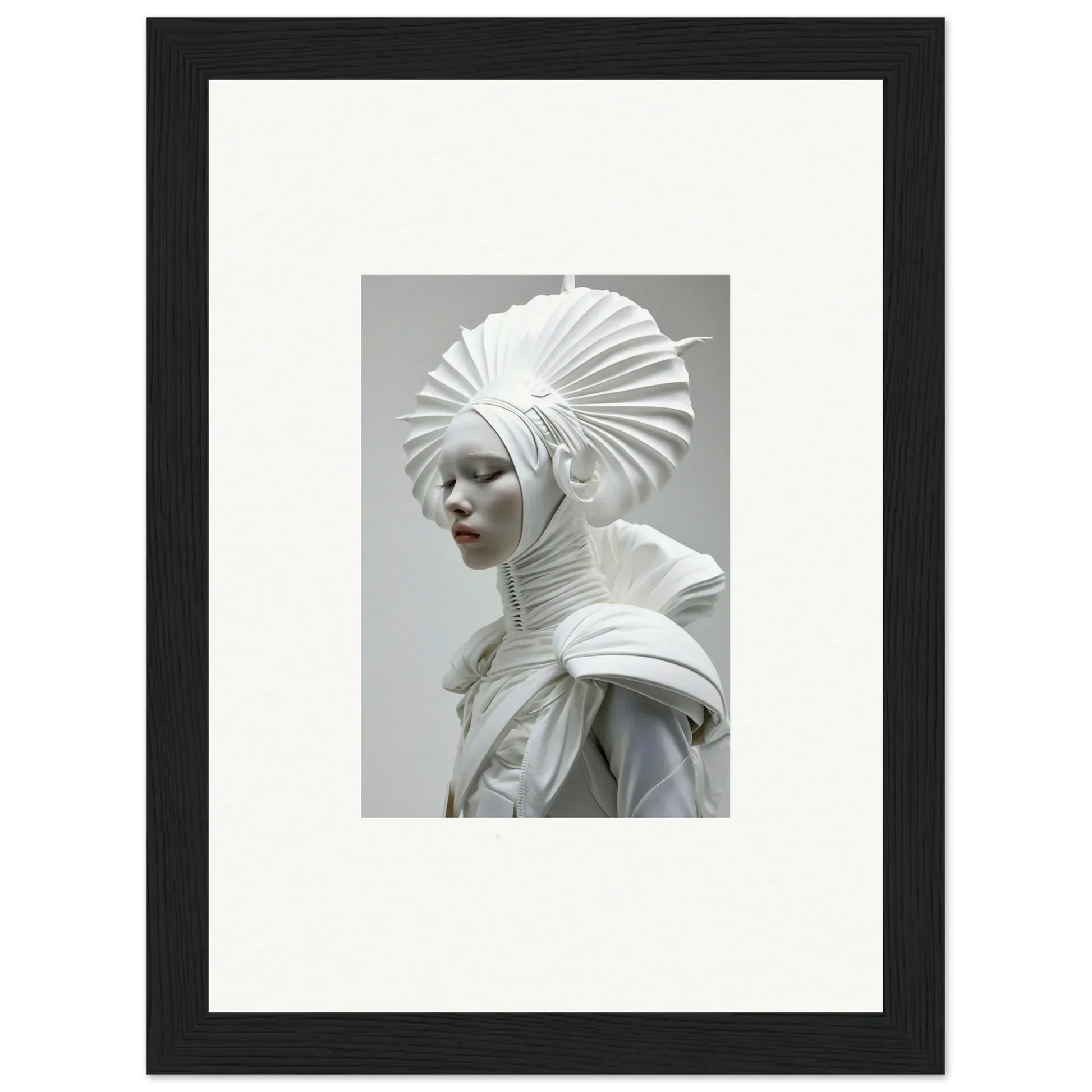 Sculptural portrait with ivory halos and elaborate white headdress for room decor