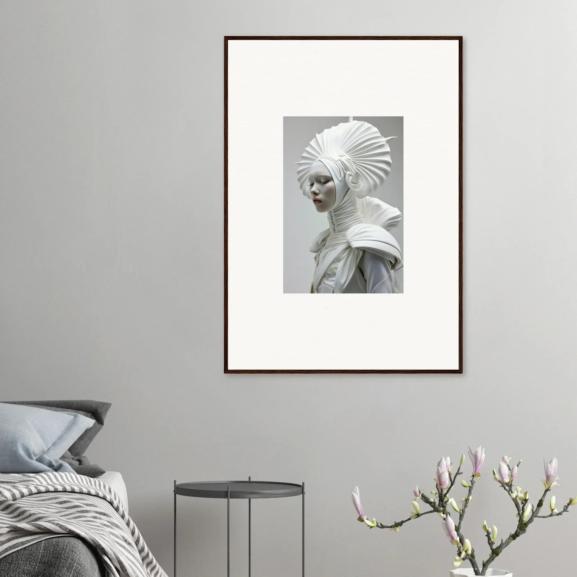 Framed wall art of a figure in ivory halos and pale attire for elegant room decor