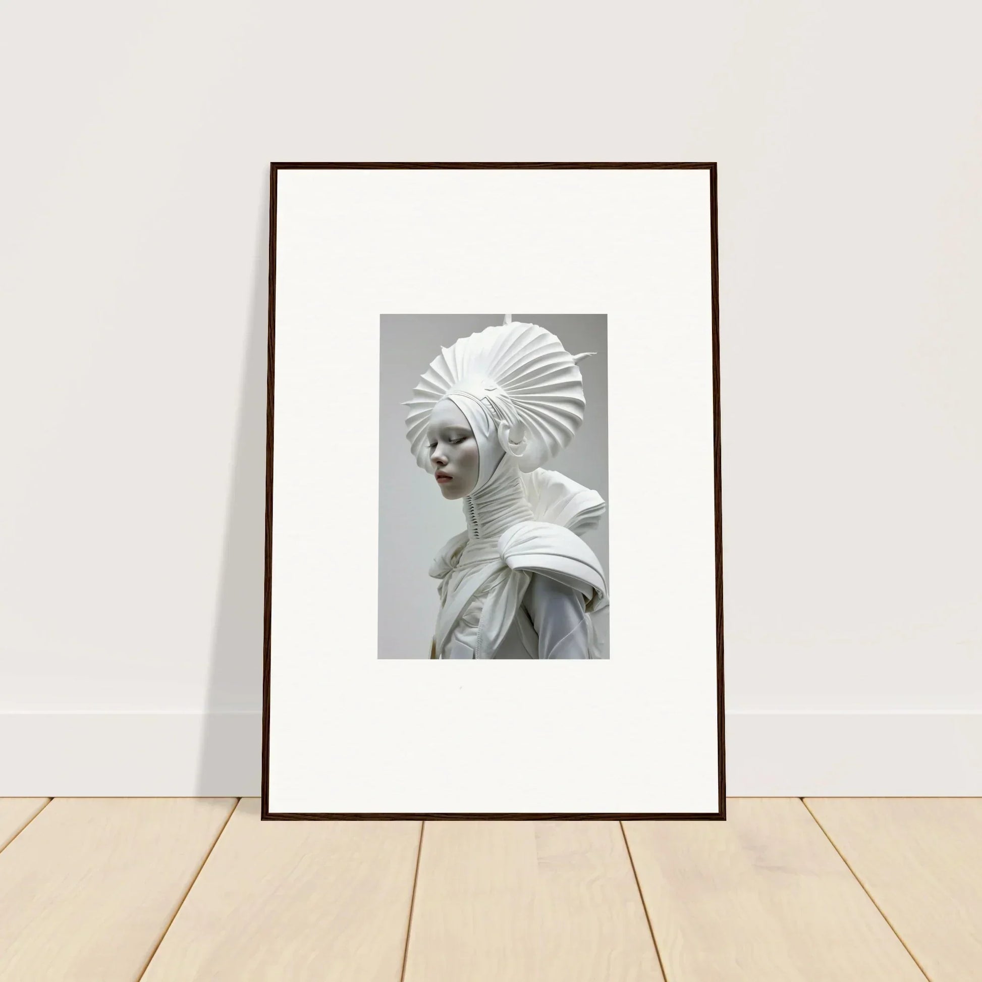 Framed black-and-white photograph of person in ivory halos headpiece for room decor