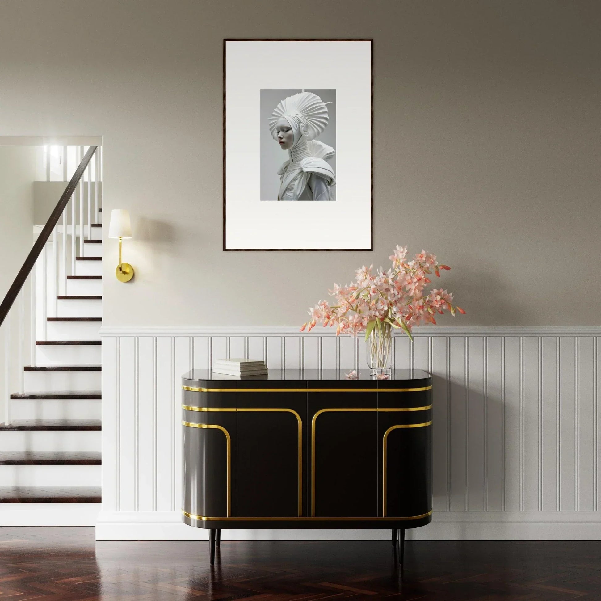 Elegant black sideboard with gold trim, perfect for showcasing Ivory Halos room decor