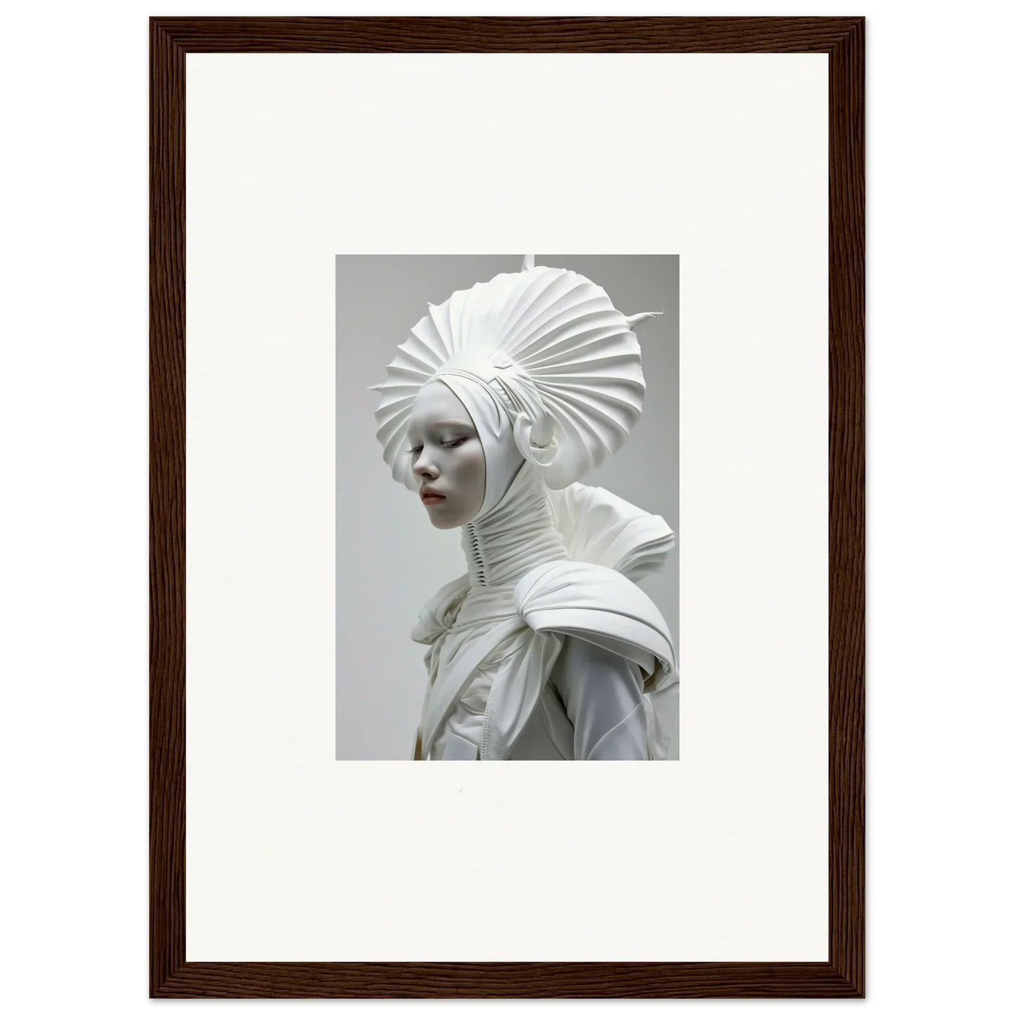 Sculptural portrait with ivory halos, elegant white headdress and collar for room decor