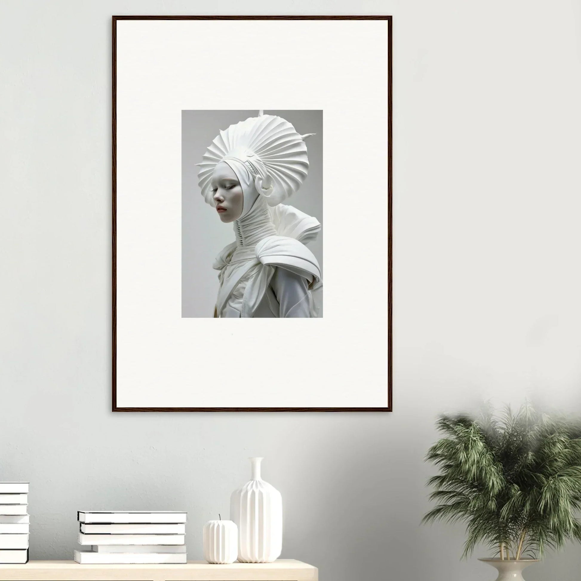 Framed wall art of a figure in an elaborate white headdress and ivory halos