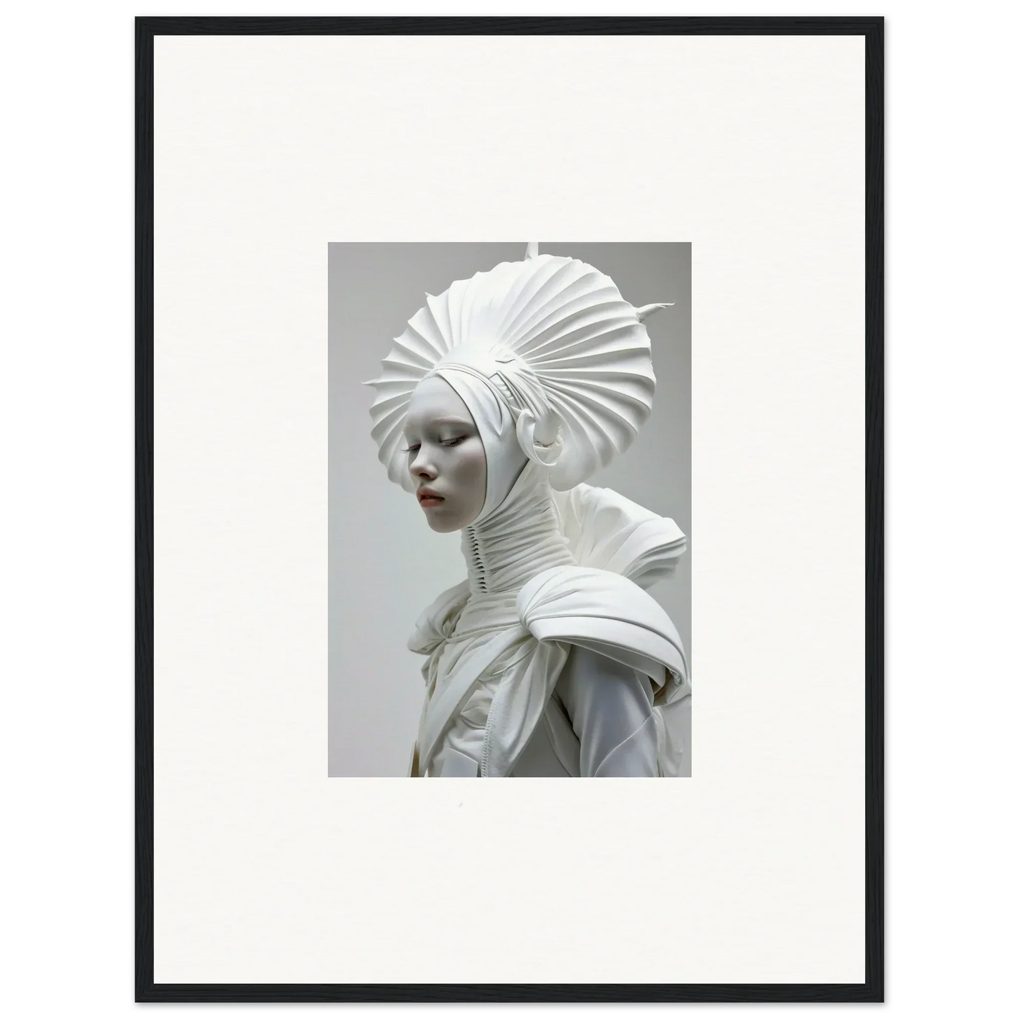 Sculptural portrait with ivory halos and intricate headdress, perfect for room decor