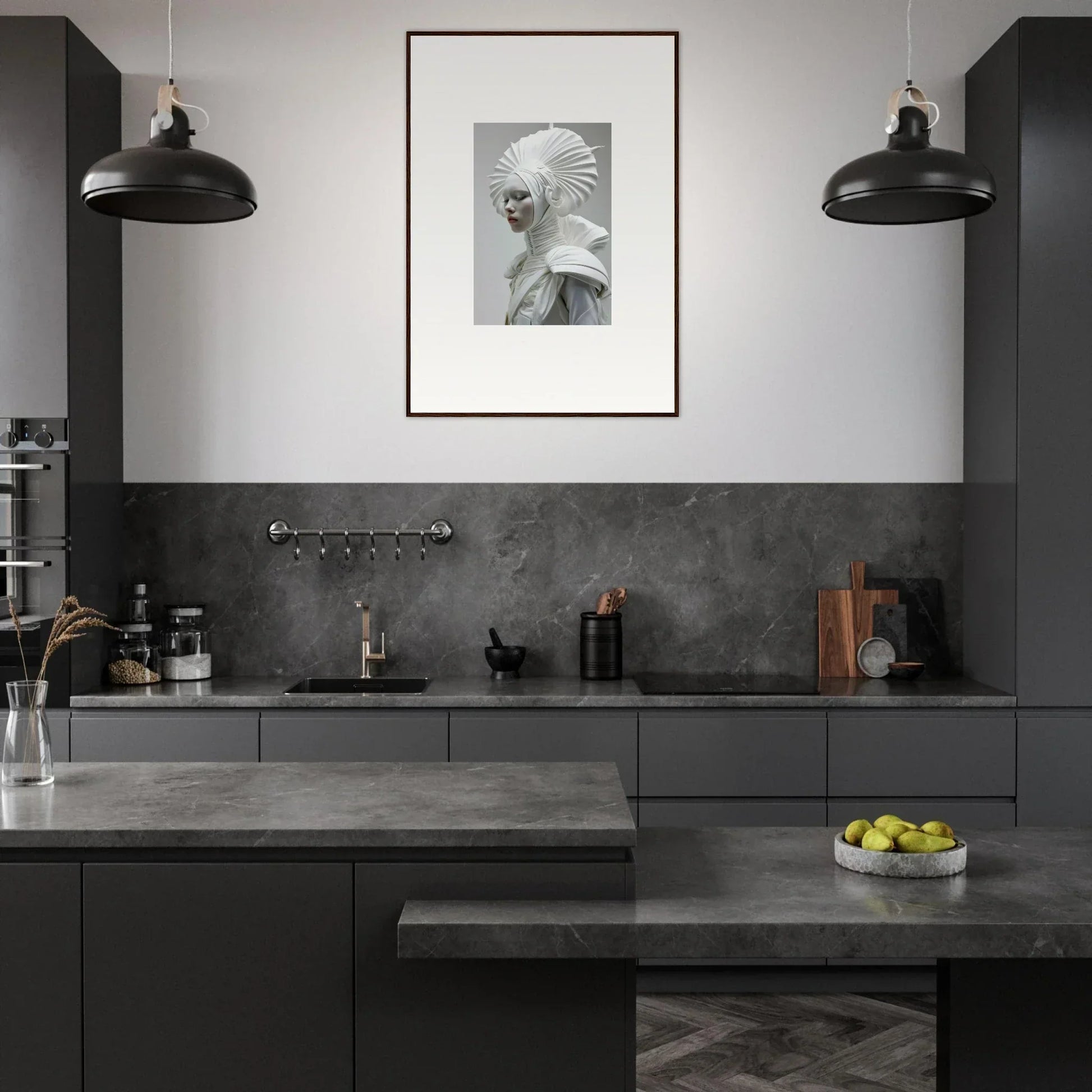 Modern kitchen with dark gray cabinetry, framed wall art, and ivory halos decor
