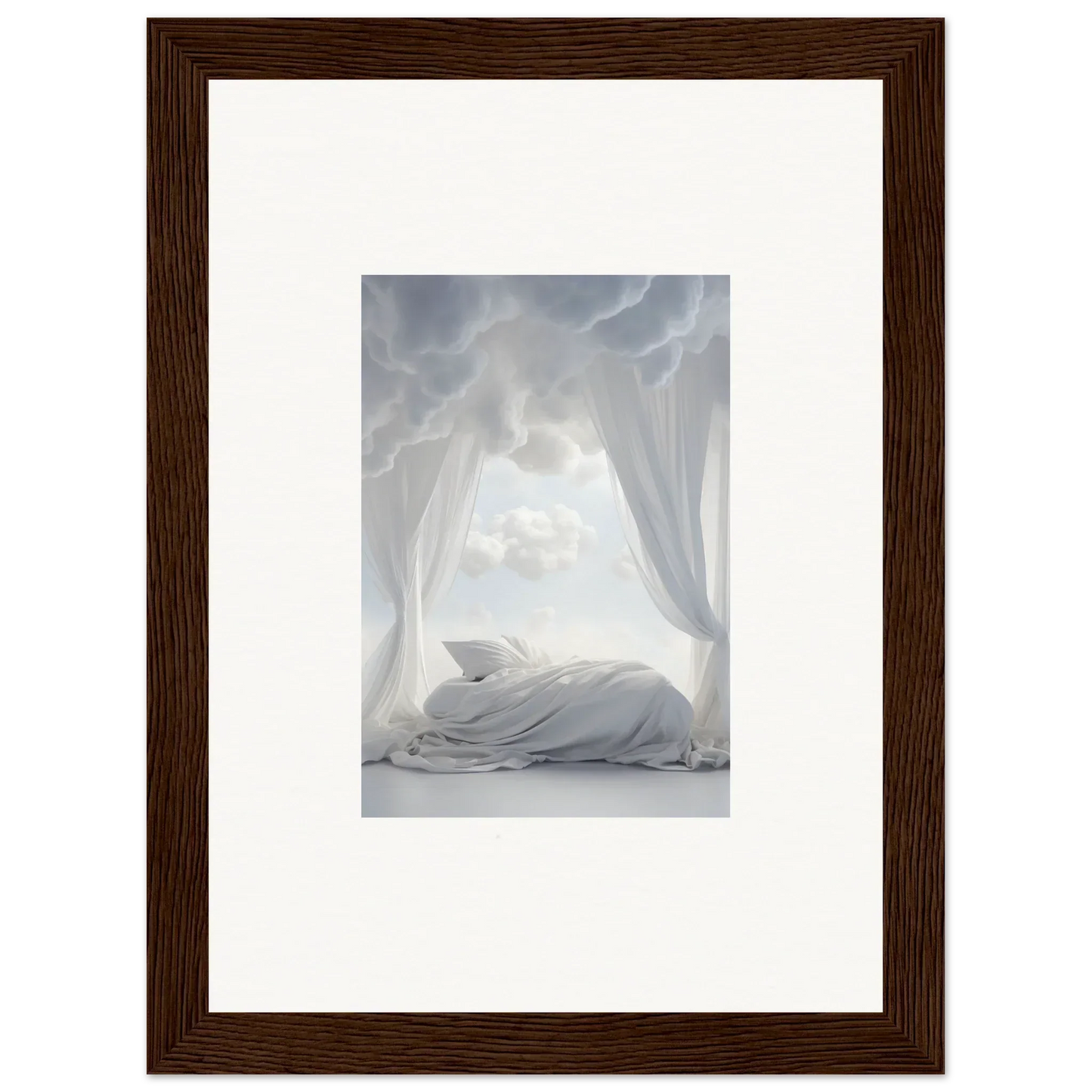 Framed canvas print of a white bed with billowing curtains for dreamy room decoration
