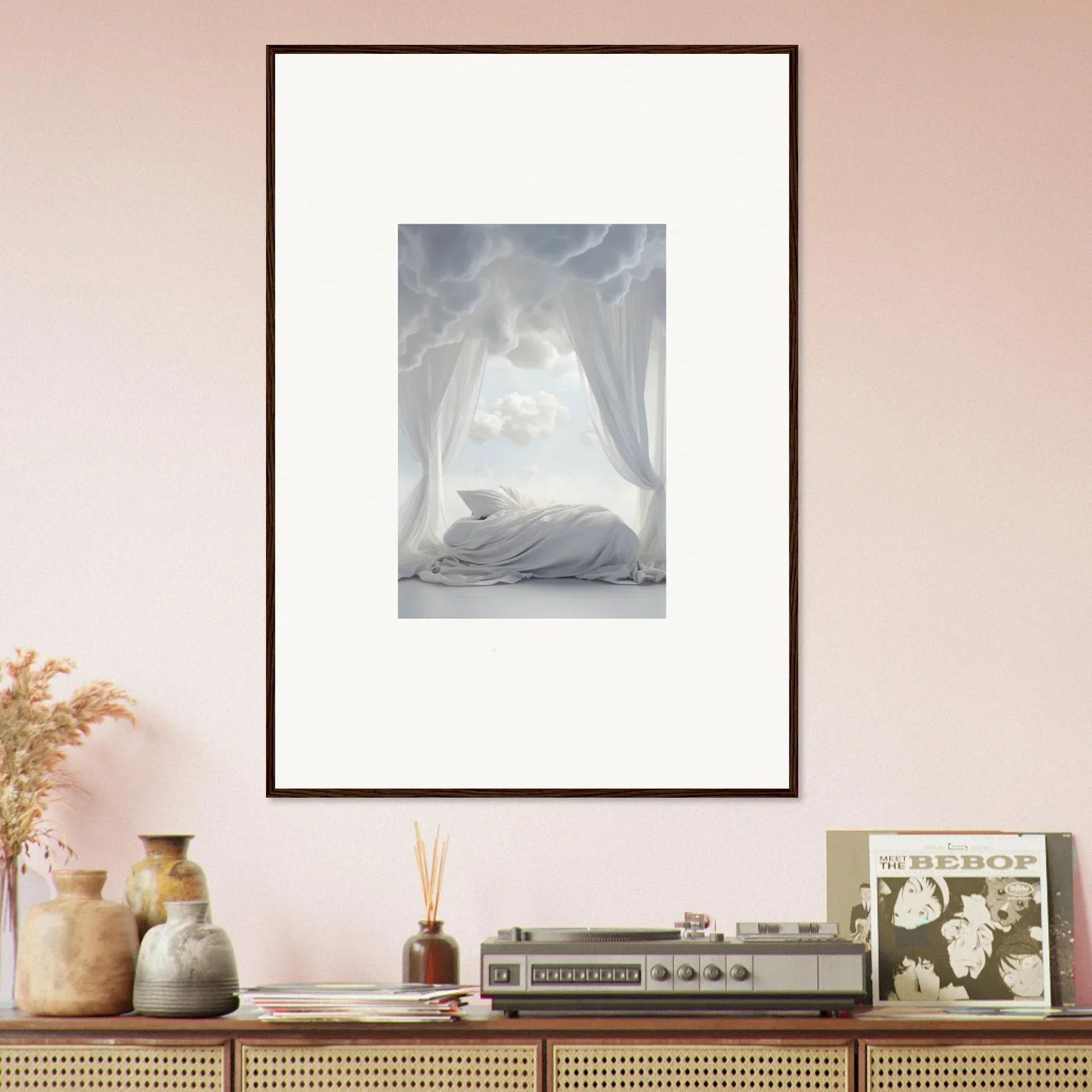 Framed canvas print of a dreamy bedroom scene for perfect room decoration in Acres Whisper