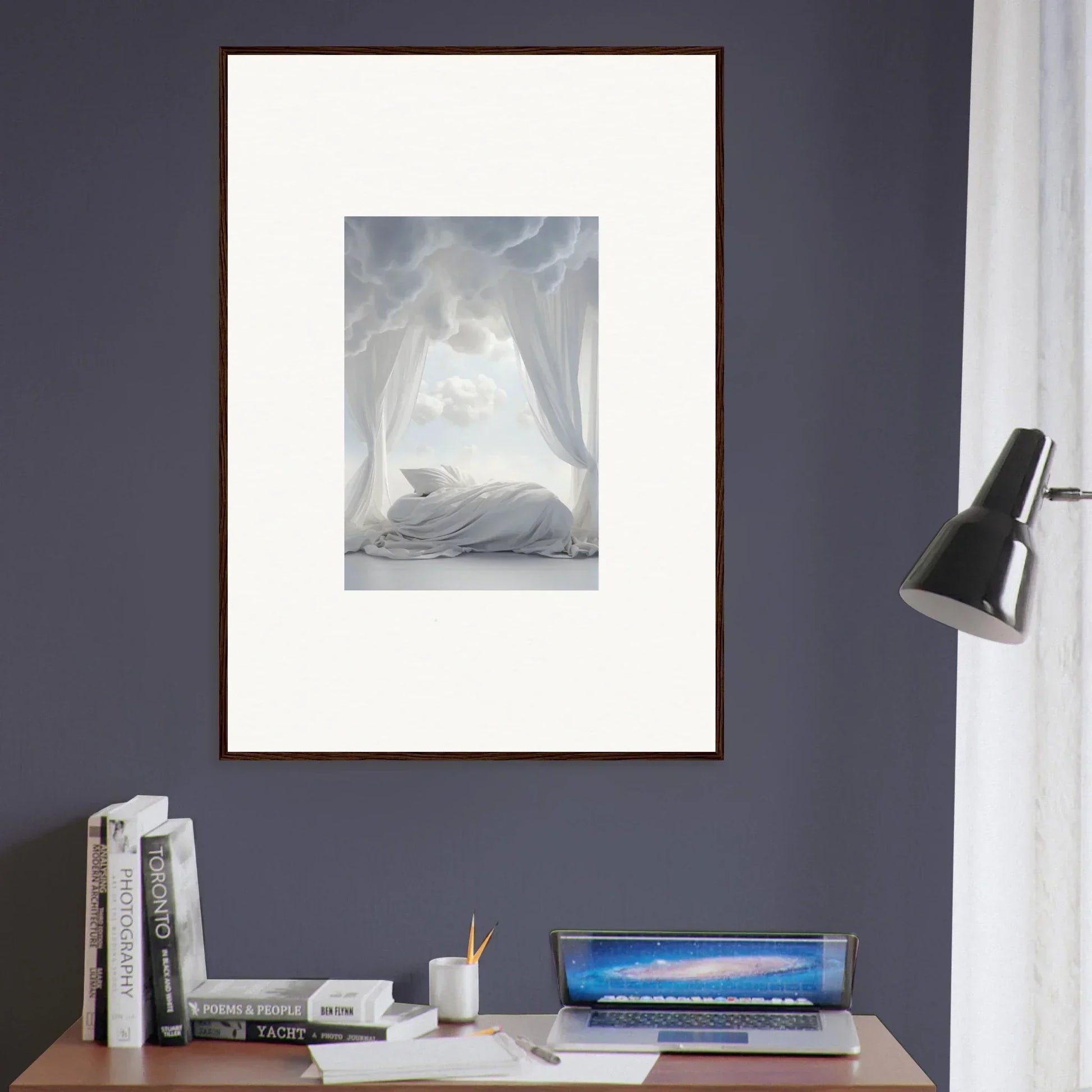 Framed canvas print of a dreamy bedroom scene perfect for Acres Whisper room decoration