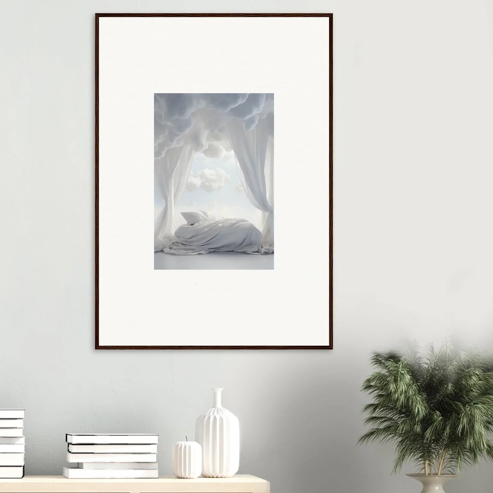 Framed canvas print of a peaceful bedroom scene for cozy room decoration in Acres Whisper